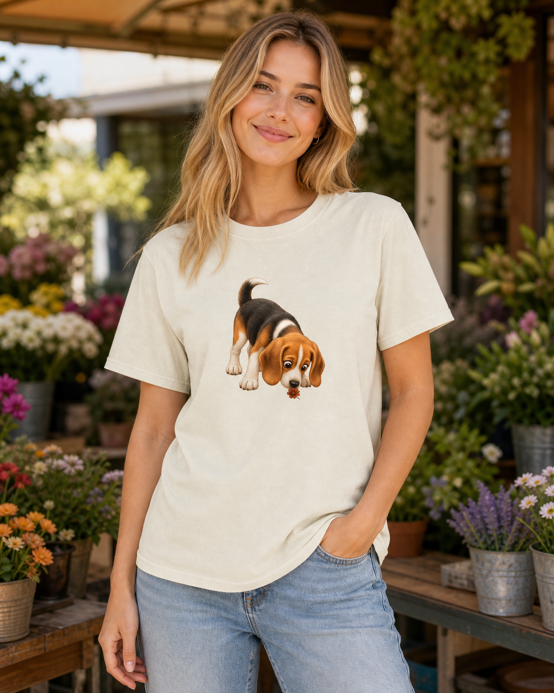 Beagle Sniffing Flower T-Shirt | Beagle Dog Lover Tee