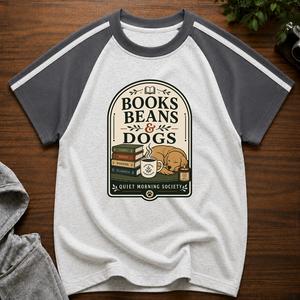 Books Beans and Dogs Brew Line Raglan T-Shirt