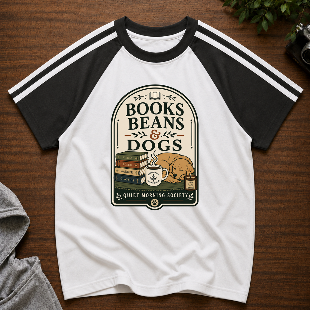 Books Beans and Dogs Brew Line Raglan T-Shirt
