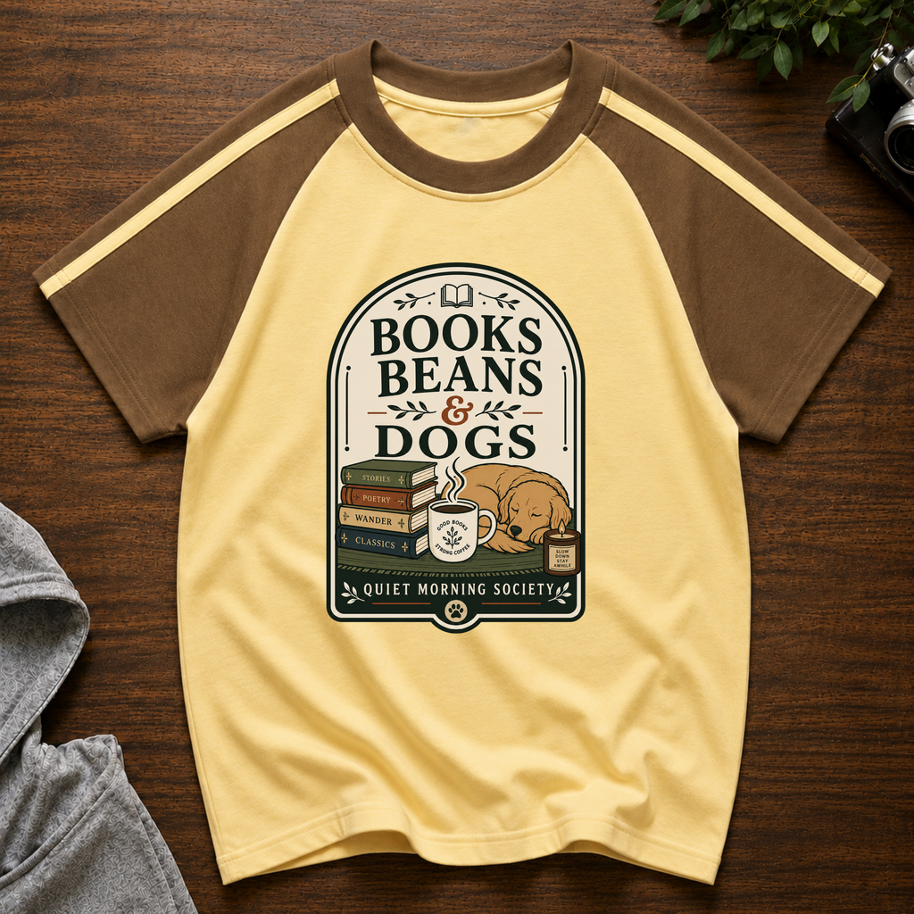 Books Beans and Dogs Brew Line Raglan T-Shirt