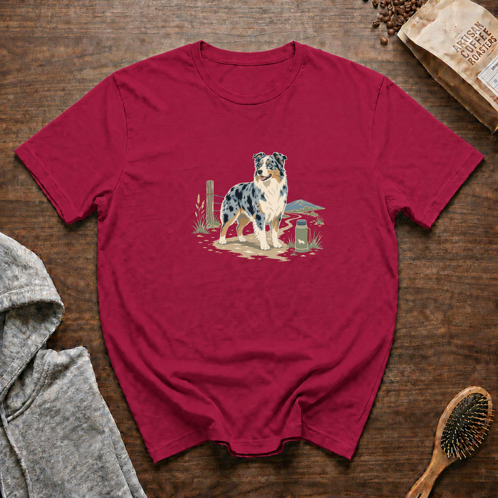 Australian Shepherd Blue Merle Morning Map T-Shirt — Crimson