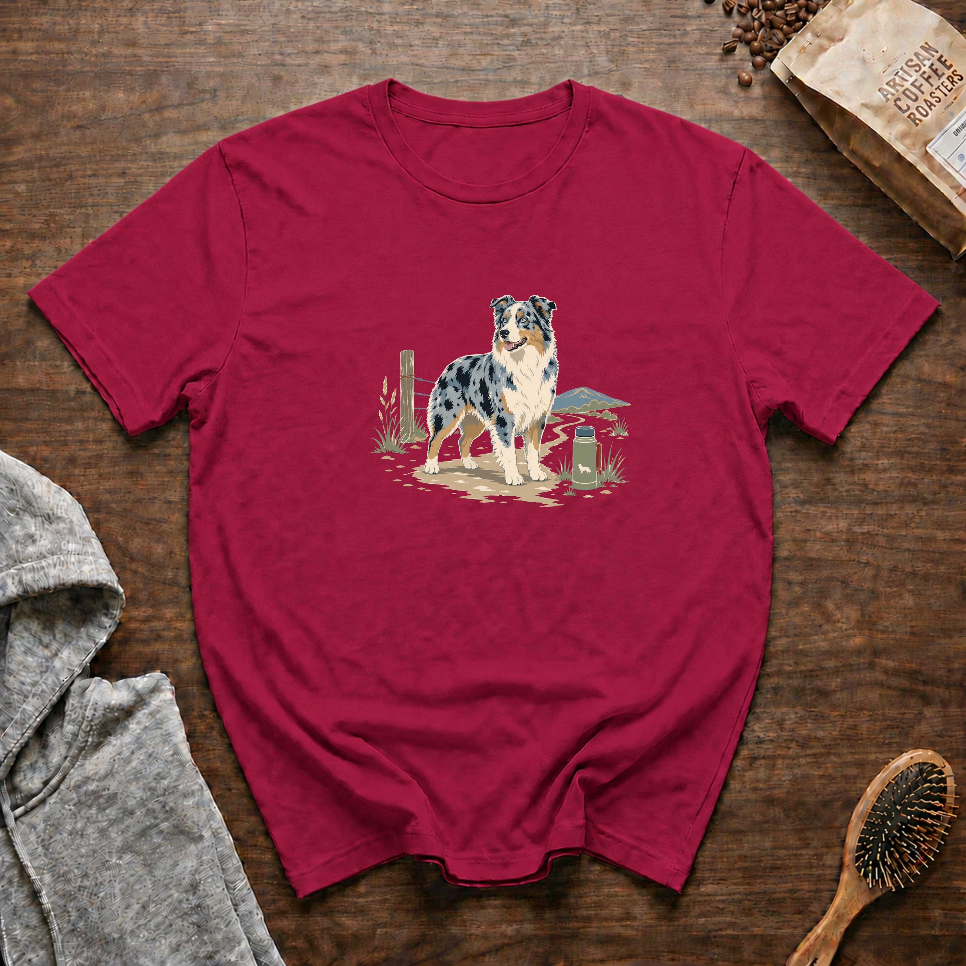 Australian Shepherd Blue Merle Morning Map T-Shirt — Crimson