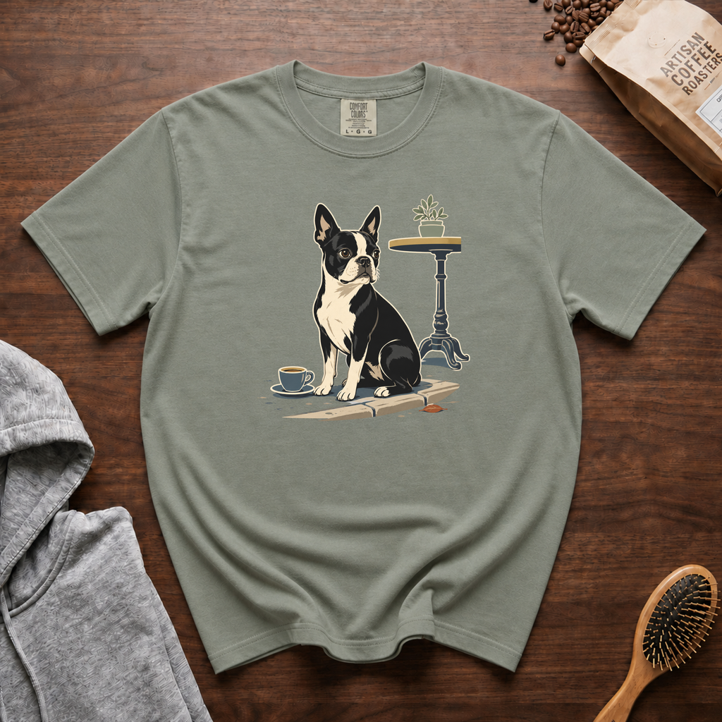 Boston Terrier Sidewalk Espresso T-Shirt | Bosty Coffee Tee