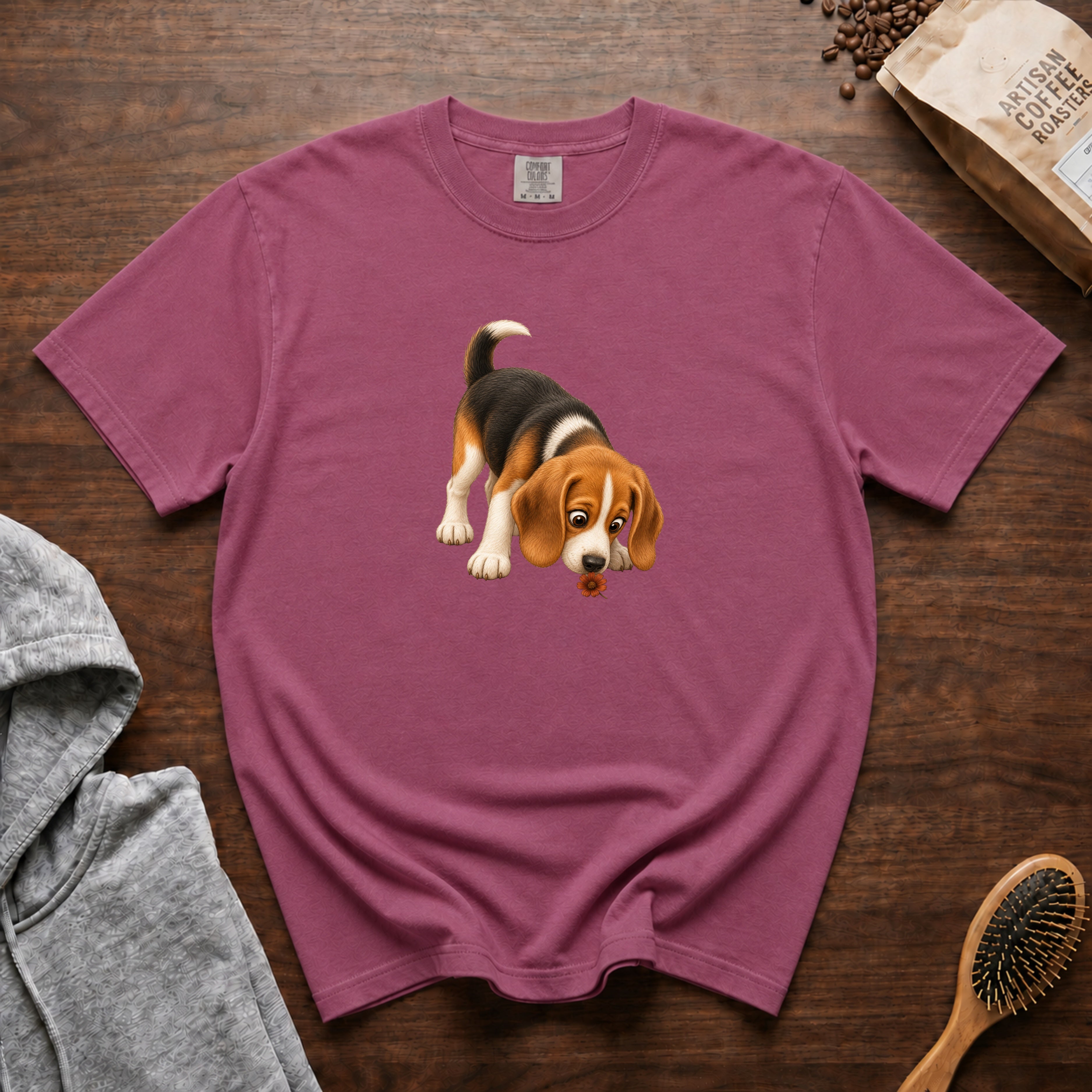 Beagle Sniffing Flower T-Shirt — Berry