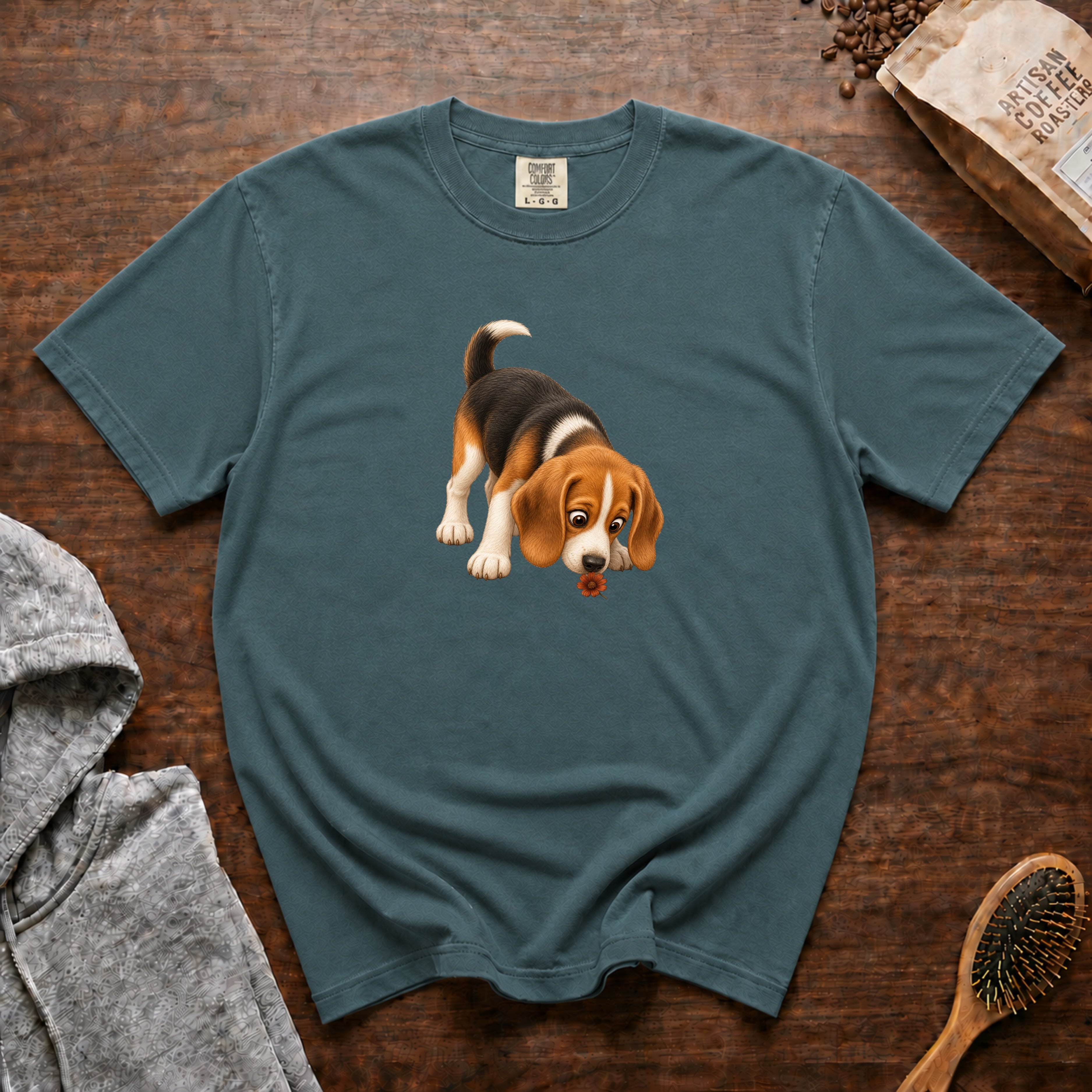 Beagle Sniffing Flower T-Shirt — Blue Spruce