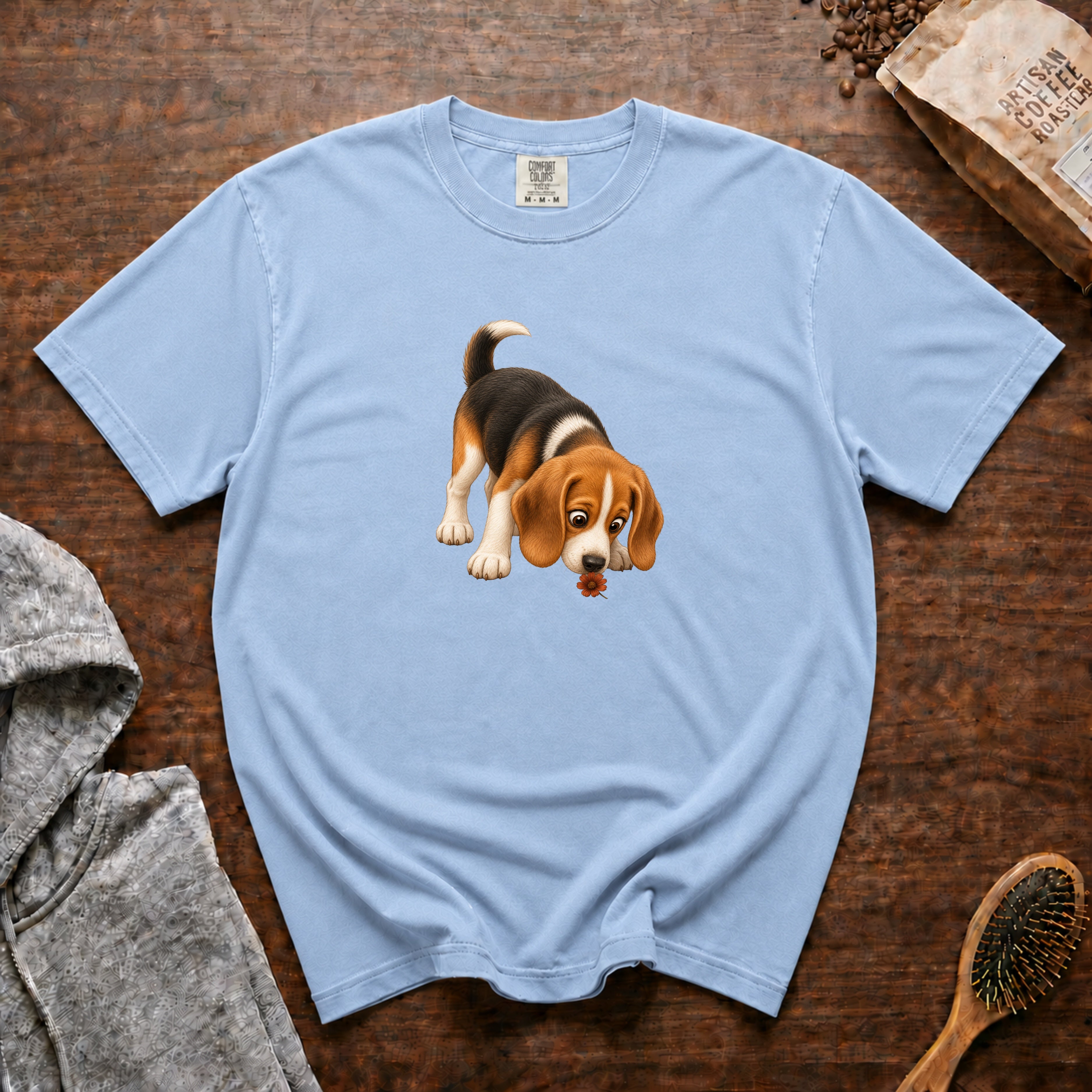 Beagle Sniffing Flower T-Shirt — Chambray