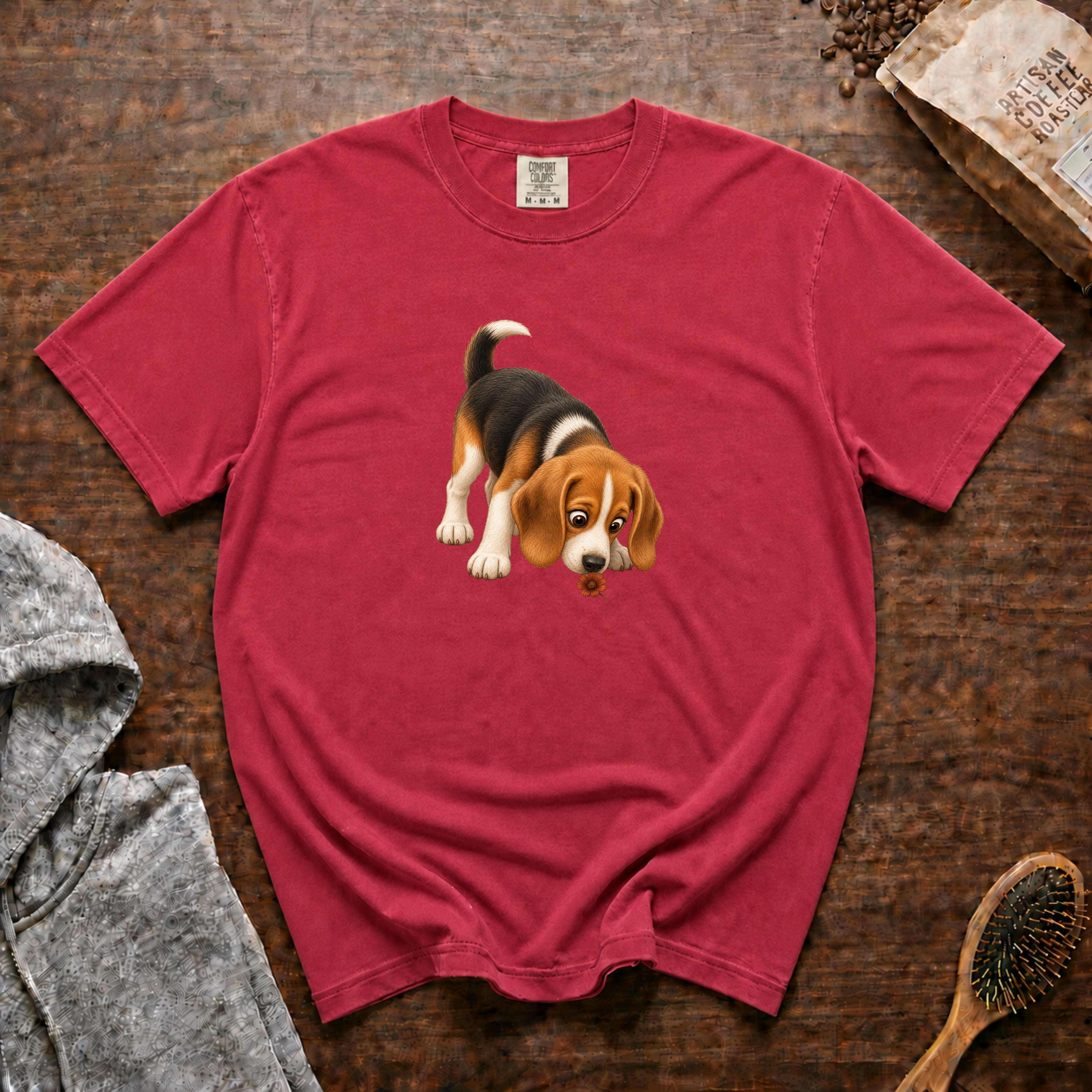 Beagle Sniffing Flower T-Shirt — Crimson