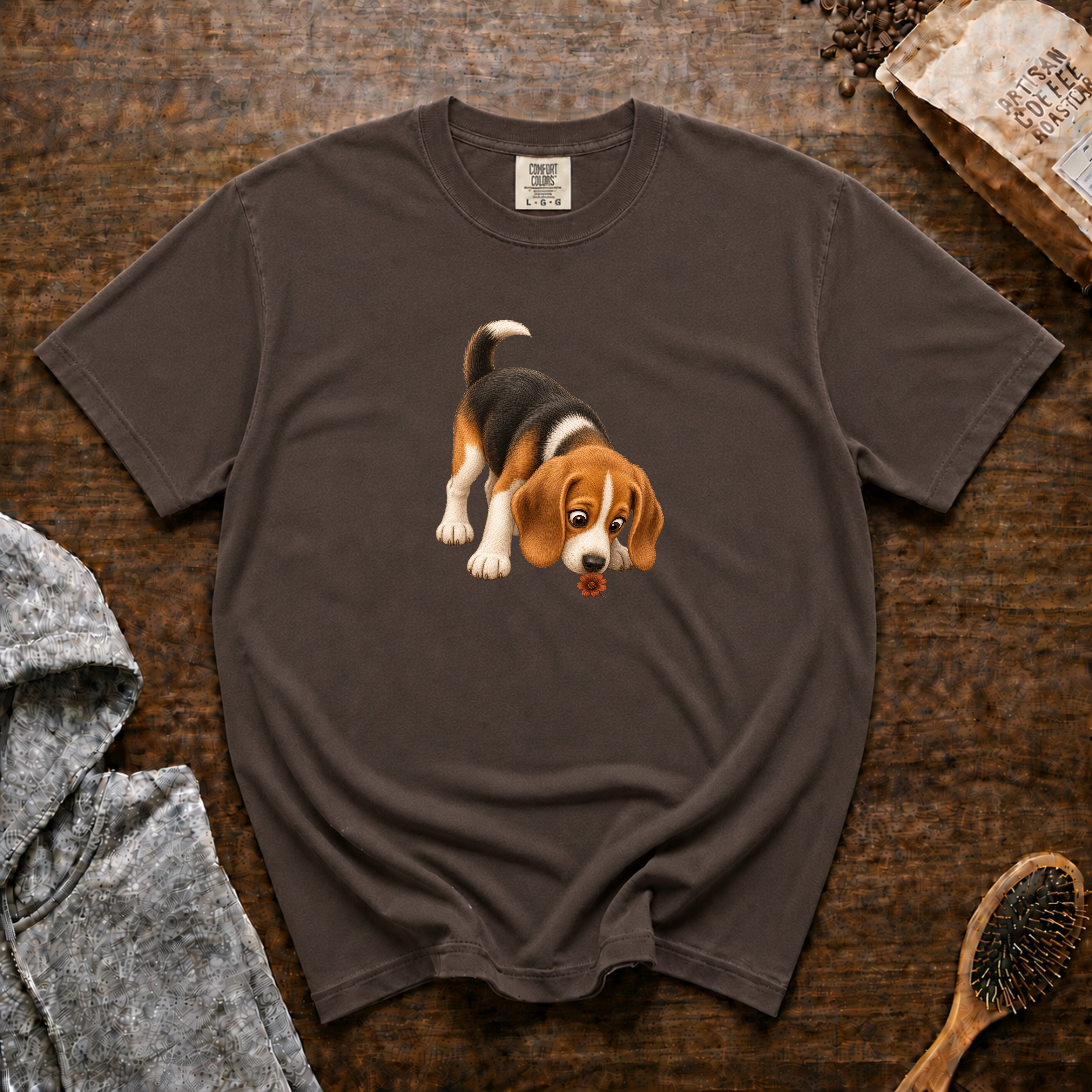 Beagle Sniffing Flower T-Shirt — Espresso