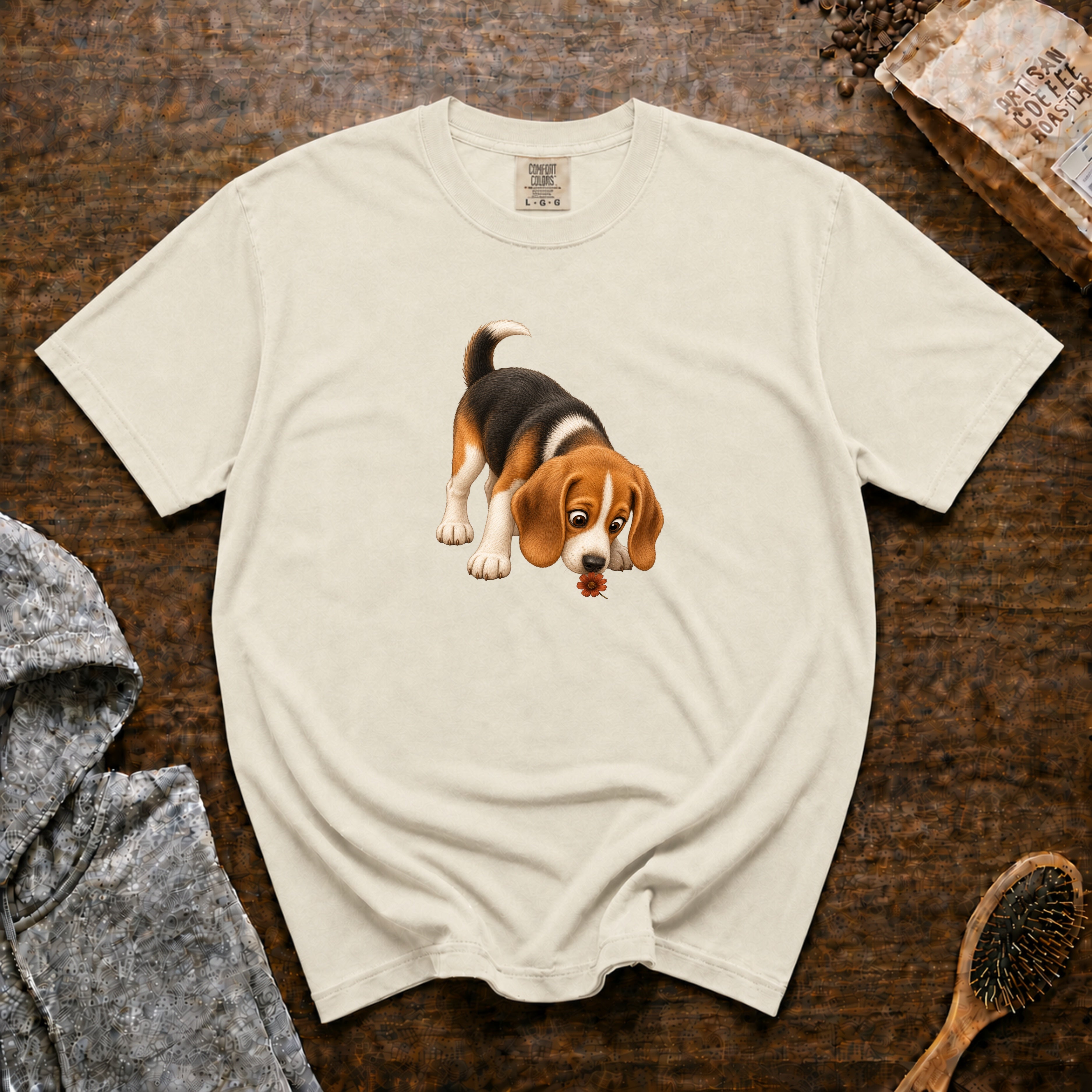 Beagle Sniffing Flower T-Shirt — Ivory