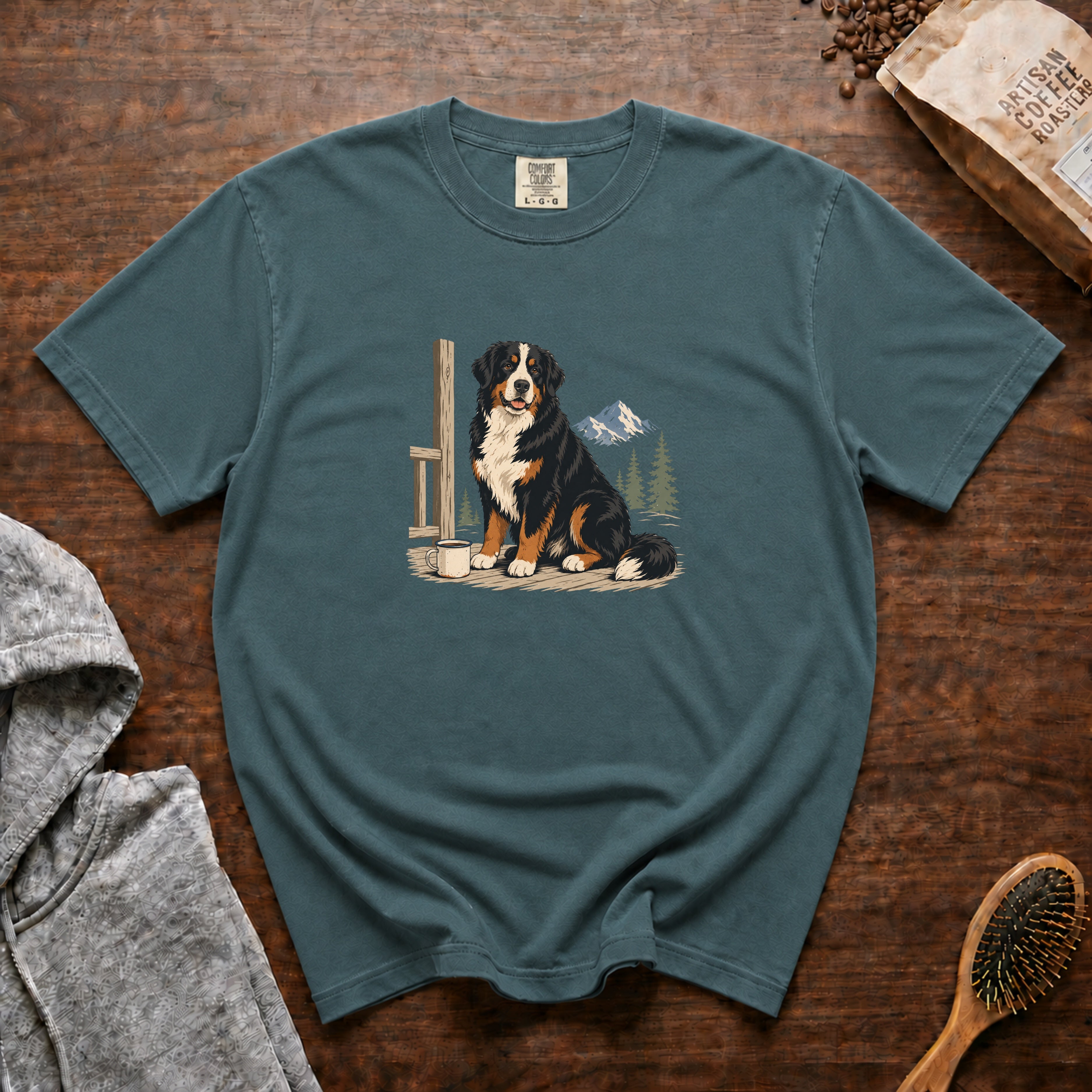 Bernese Mountain Dog Alpine Porch Mocha 1 T-Shirt — Blue Spruce