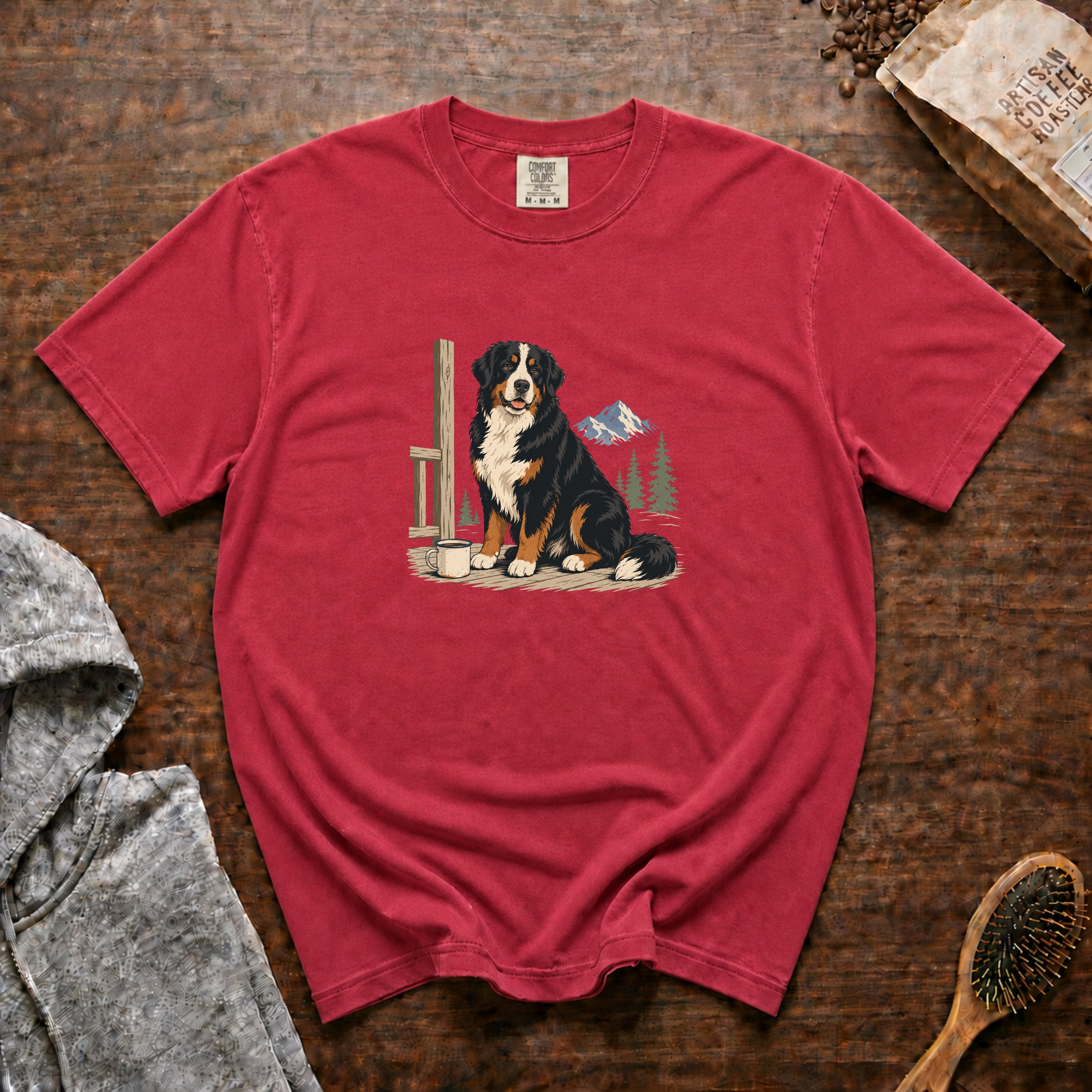 Bernese Mountain Dog Alpine Porch Mocha 1 T-Shirt — Crimson