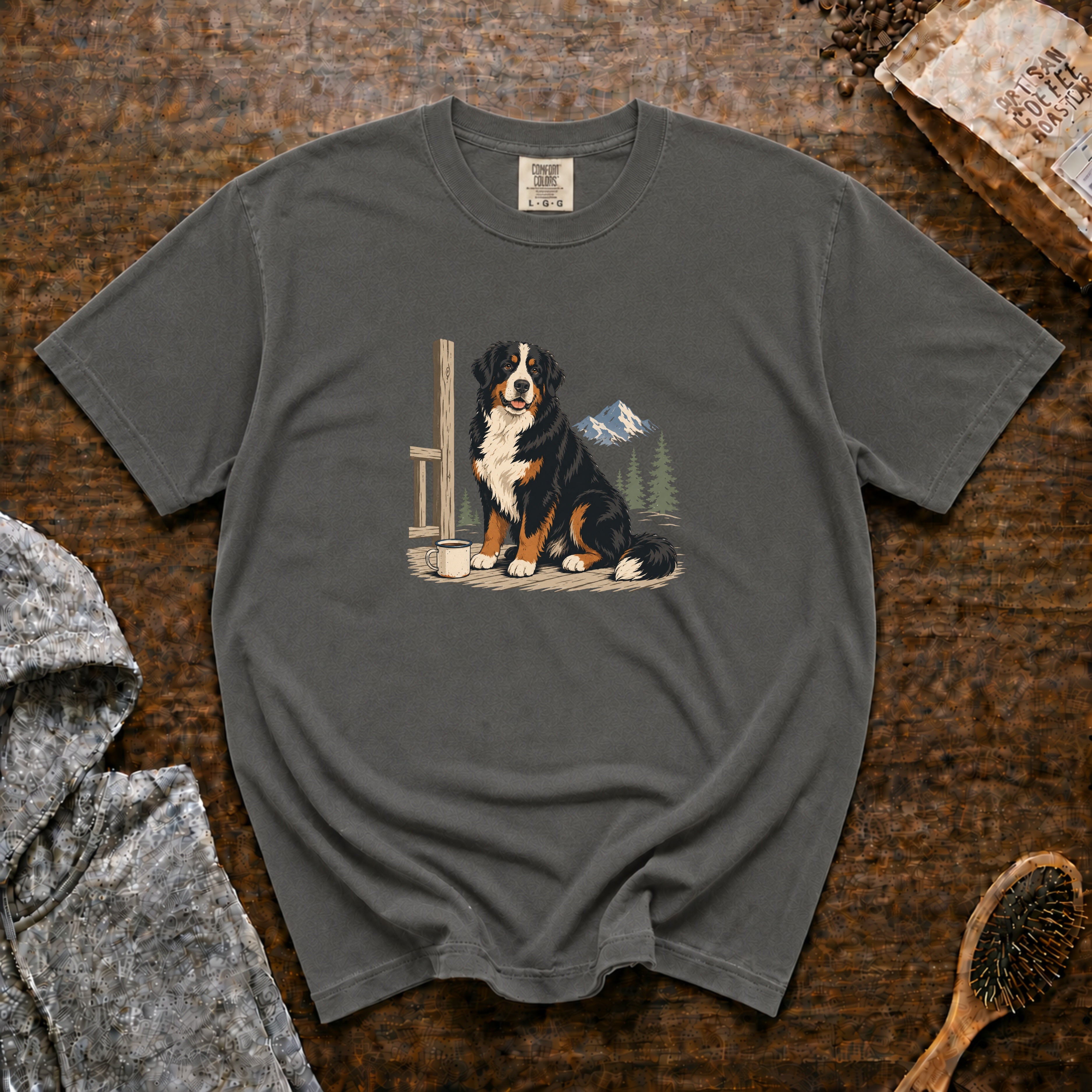 Bernese Mountain Dog Alpine Porch Mocha 1 T-Shirt — Pepper