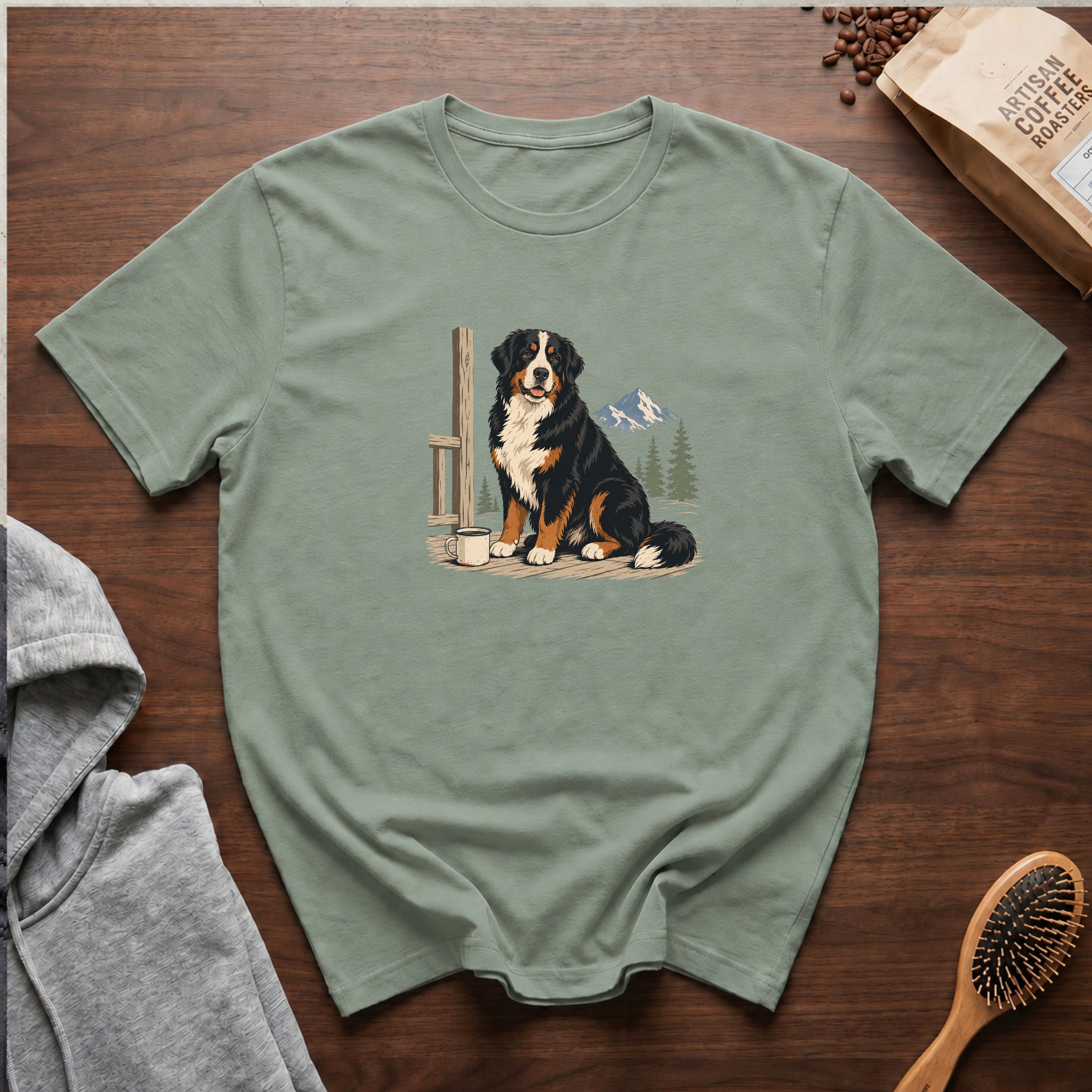 Bernese Mountain Dog Alpine Porch Mocha T-Shirt — Bay