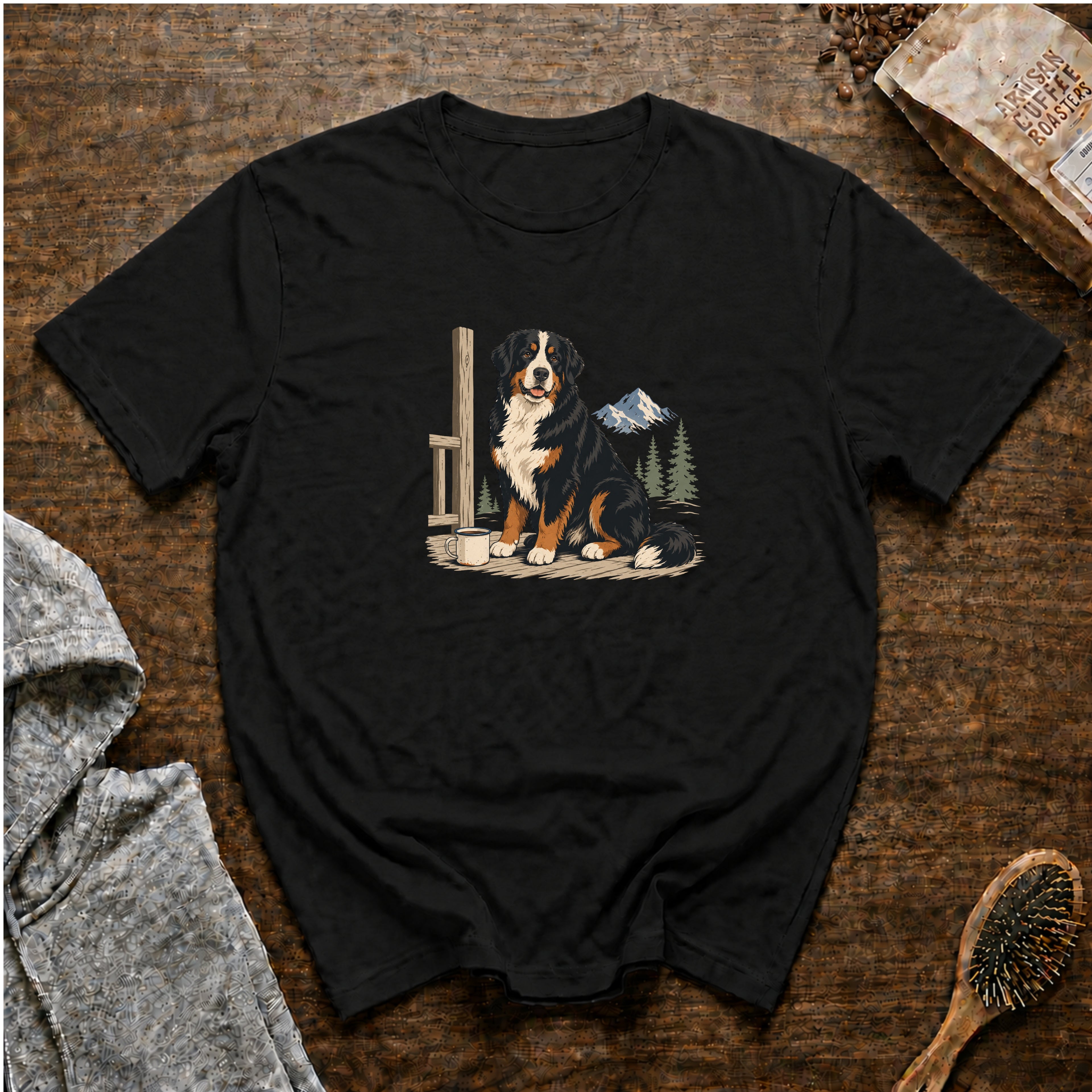 Bernese Mountain Dog Alpine Porch Mocha T-Shirt — Black