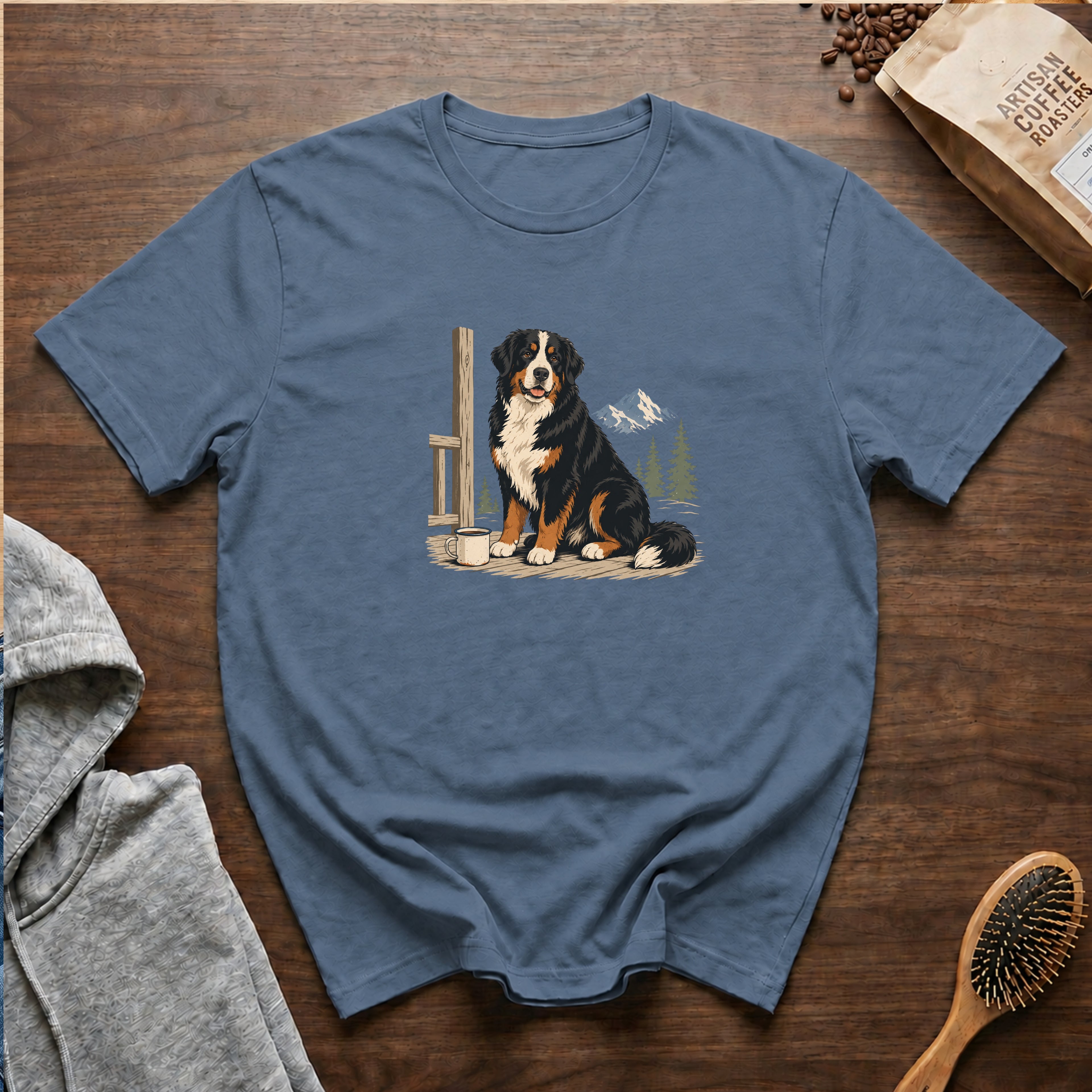 Bernese Mountain Dog Alpine Porch Mocha T-Shirt — Blue Jean