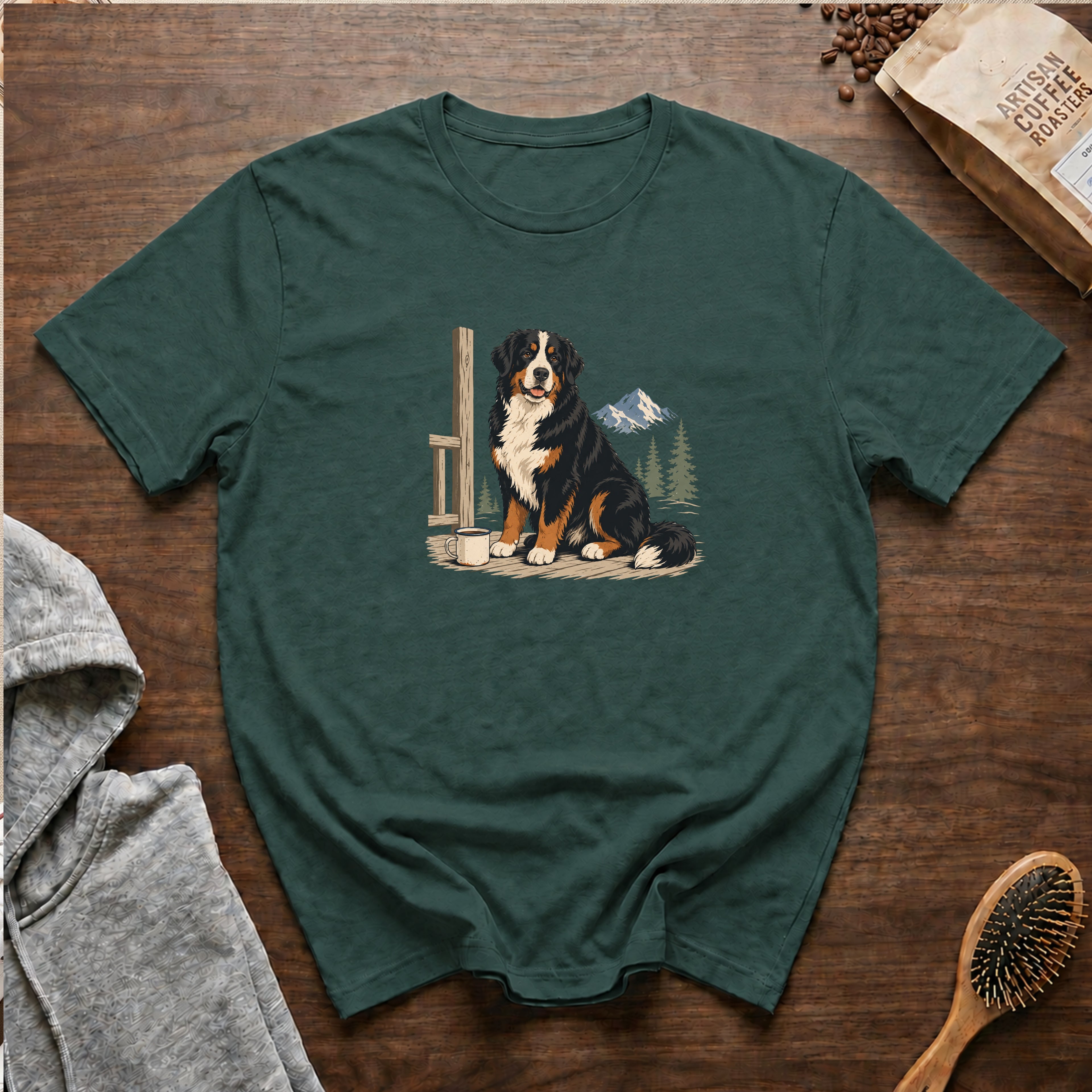 Bernese Mountain Dog Alpine Porch Mocha T-Shirt — Blue Spruce