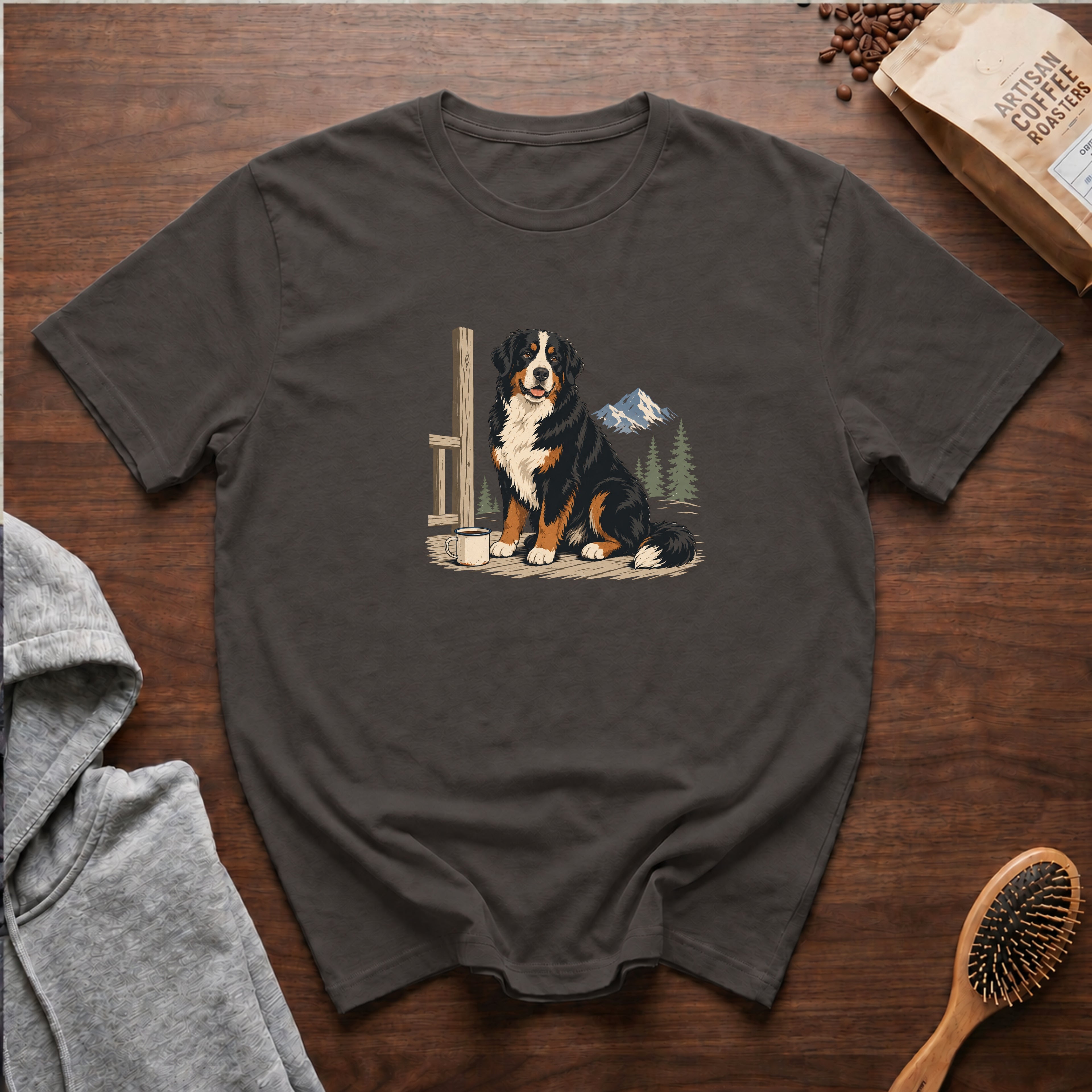 Bernese Mountain Dog Alpine Porch Mocha T-Shirt — Pepper