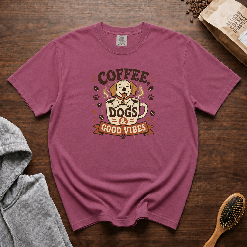 Coffee Dogs And Good Vibes T-Shirt | Dog Lover Coffee Tee