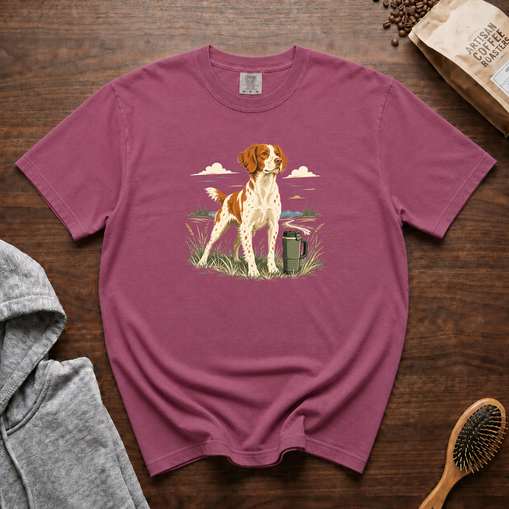 Brittany Field Mug Morning T-Shirt | Brittany Dog Coffee Tee