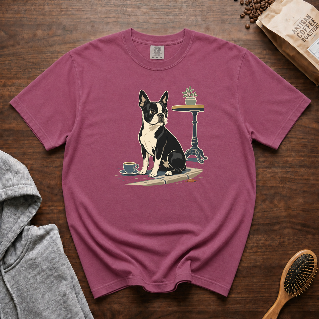 Boston Terrier Sidewalk Espresso T-Shirt | Bosty Coffee Tee