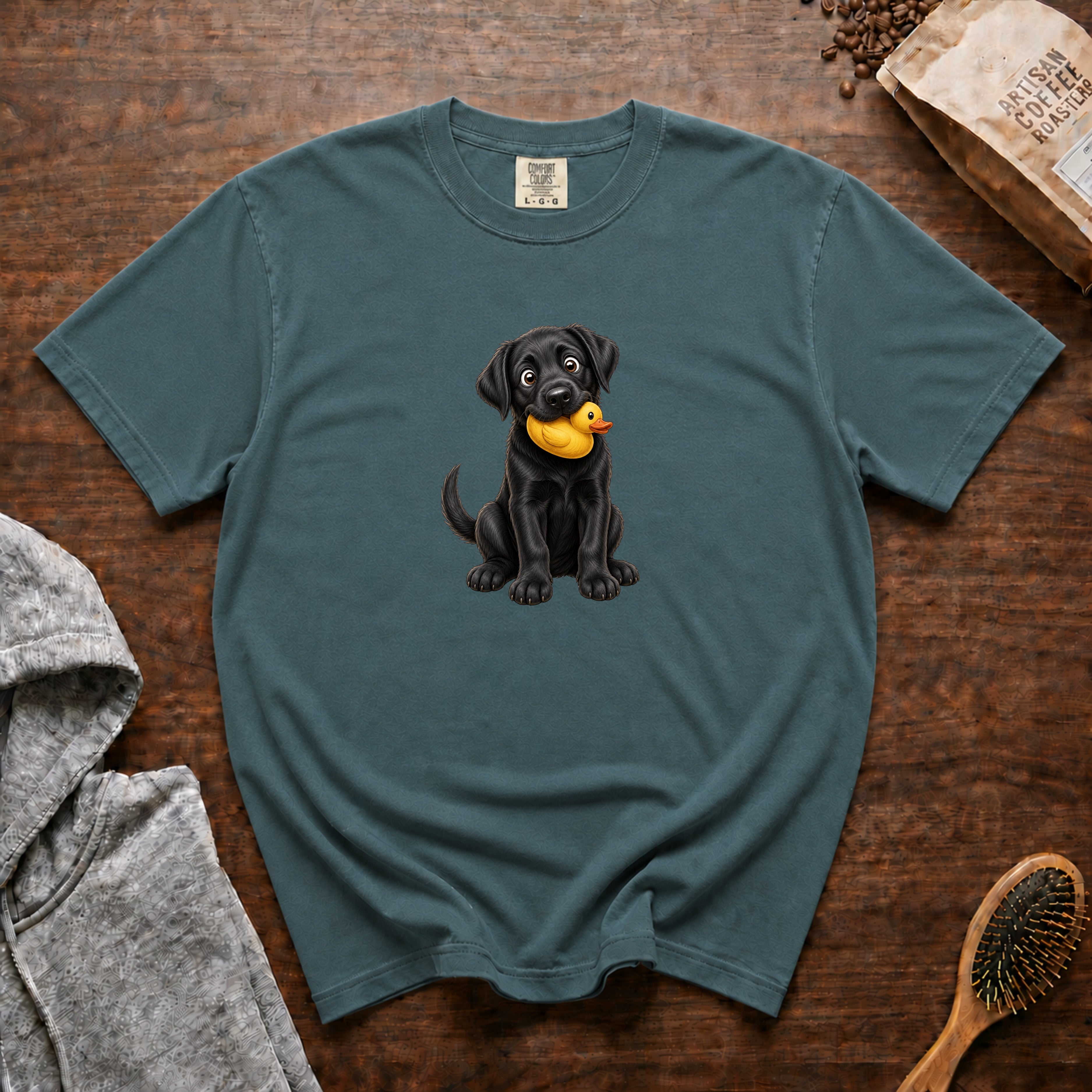 Black Lab With A Duck Toy T-Shirt — Blue Spruce