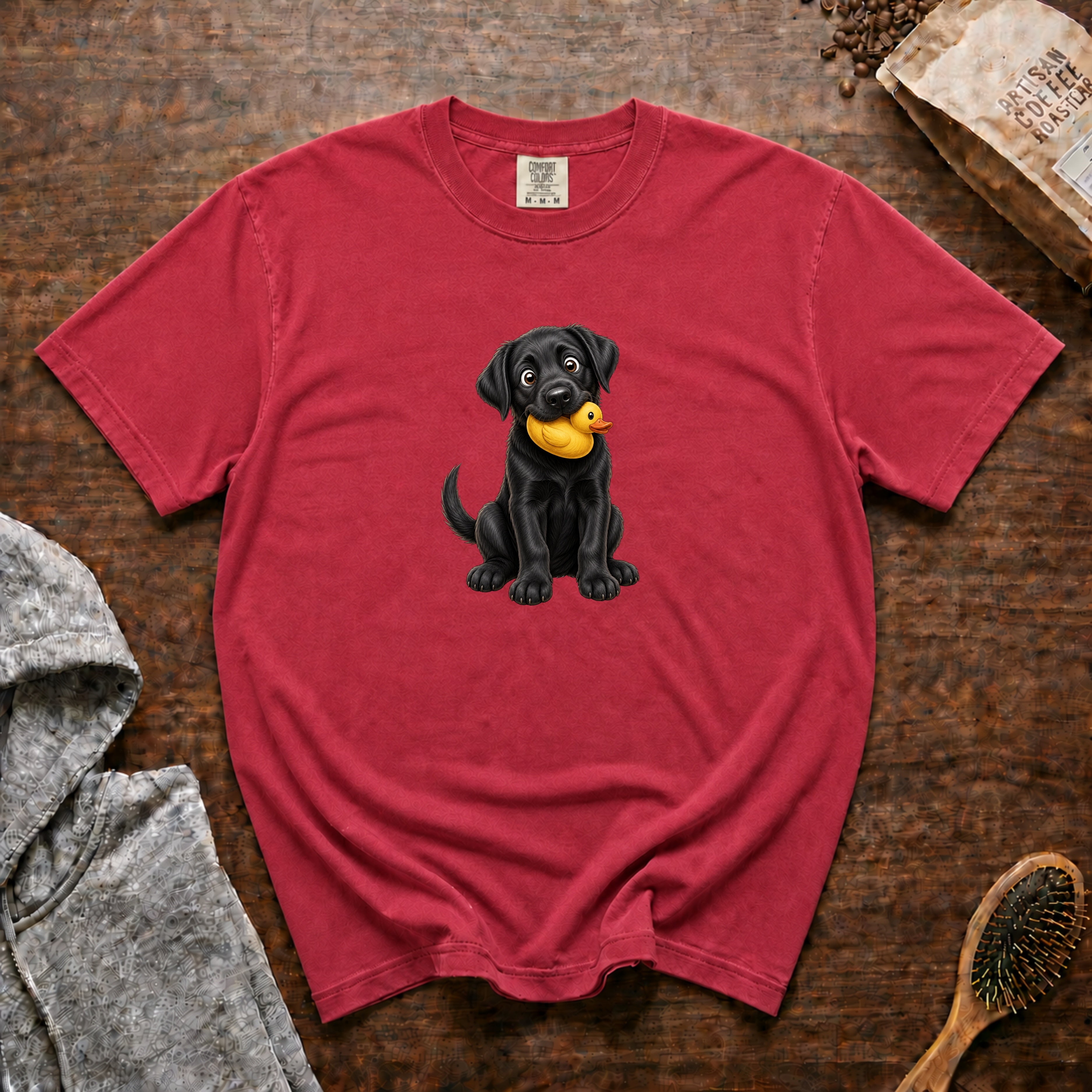 Black Lab With A Duck Toy T-Shirt — Crimson