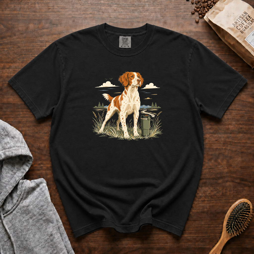 Brittany Field Mug Morning T-Shirt | Brittany Dog Coffee Tee