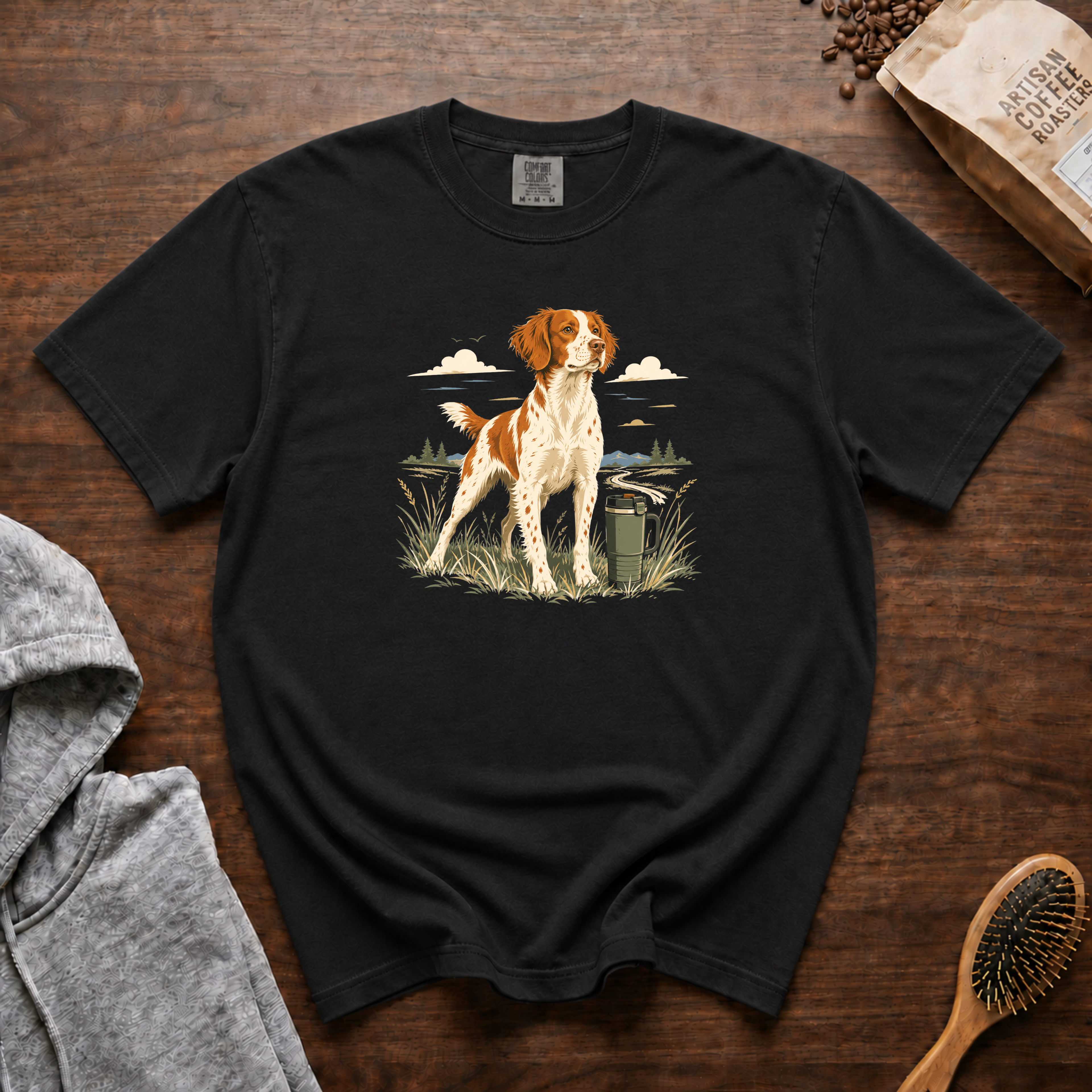 Brittany Field Mug Morning T-Shirt | Brittany Dog Coffee Tee