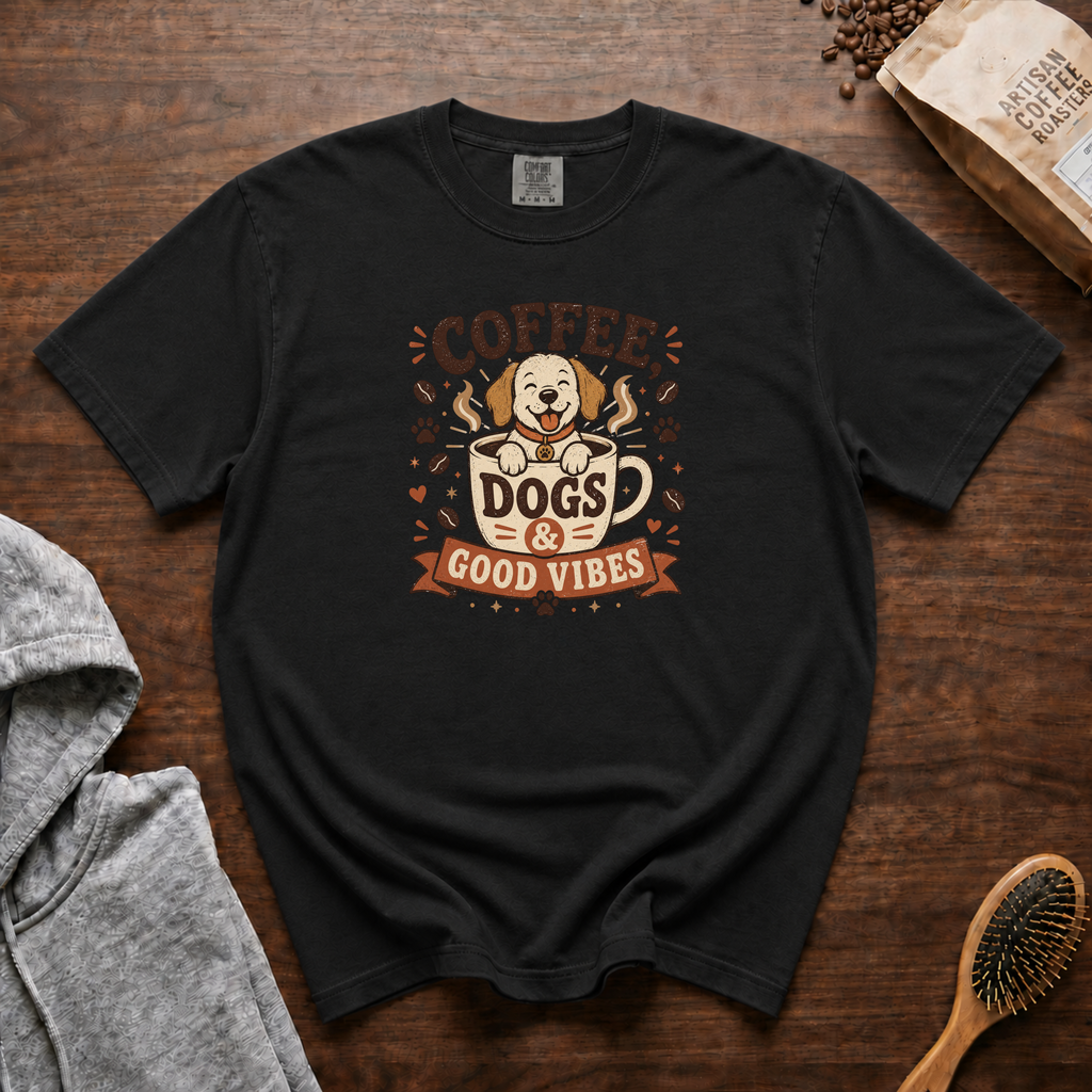 Coffee Dogs And Good Vibes T-Shirt | Dog Lover Coffee Tee