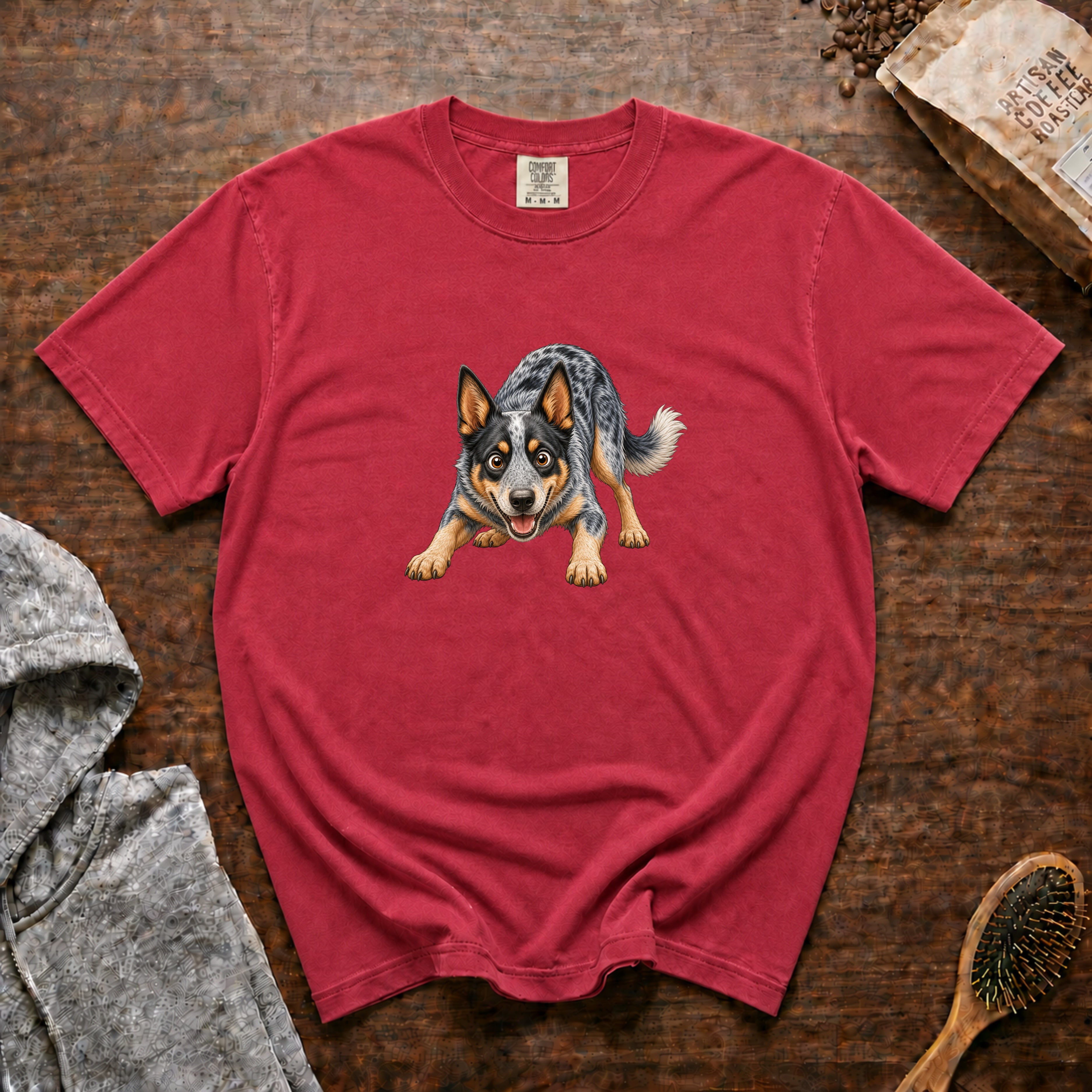 Blue Heeler Playing T-Shirt — Crimson
