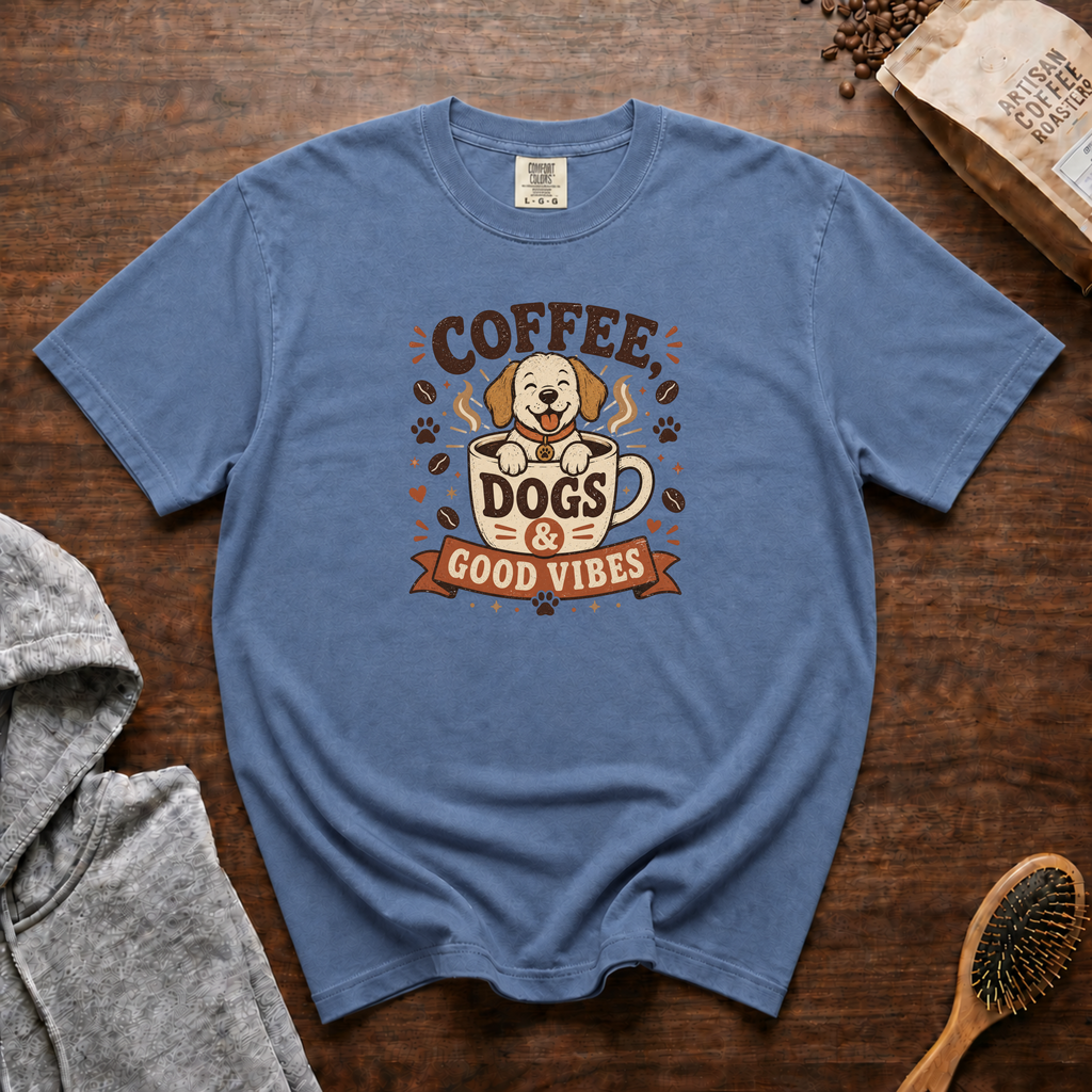 Coffee Dogs And Good Vibes T-Shirt | Dog Lover Coffee Tee