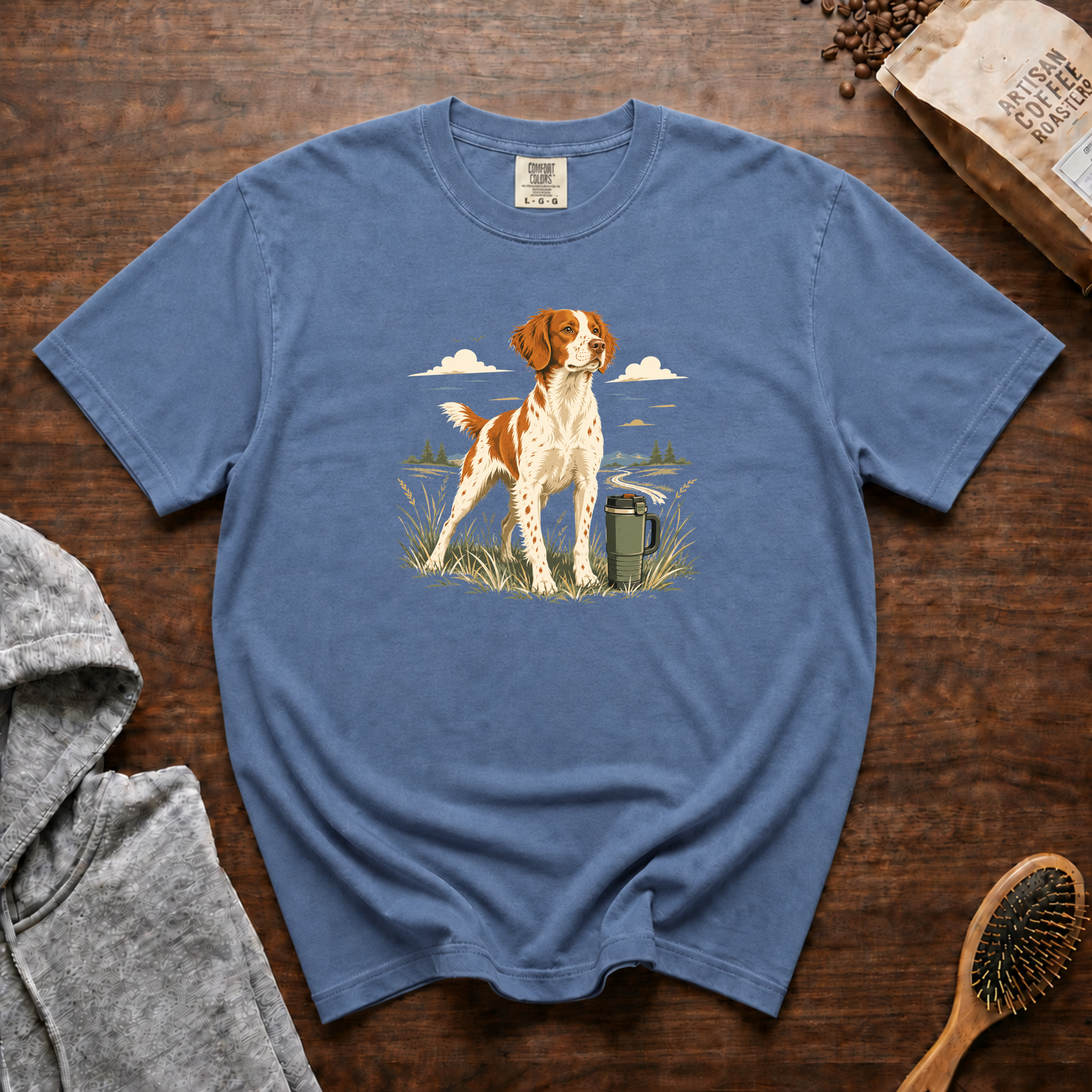 Brittany Field Mug Morning T-Shirt | Brittany Dog Coffee Tee