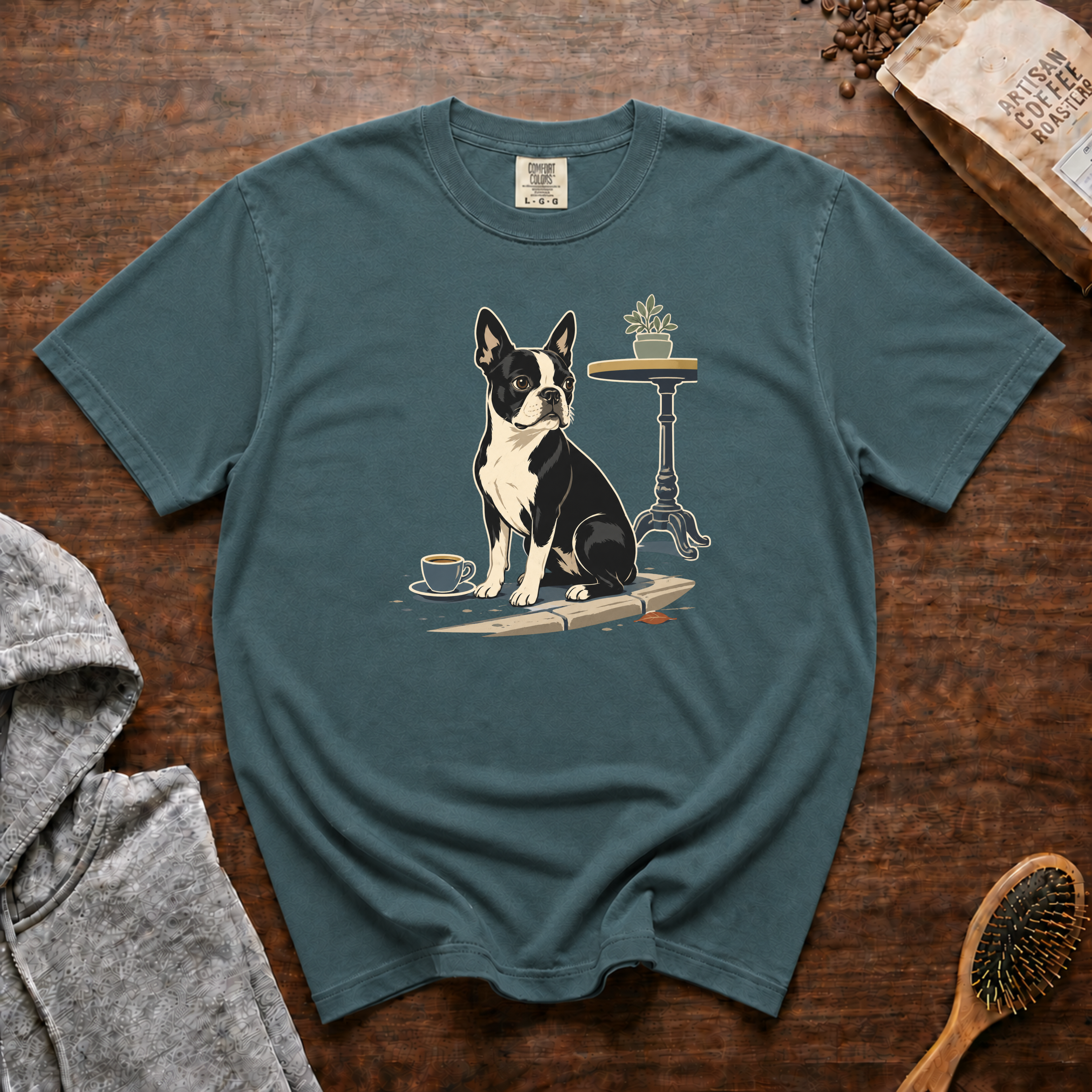 Boston Terrier Sidewalk Espresso T-Shirt | Bosty Coffee Tee