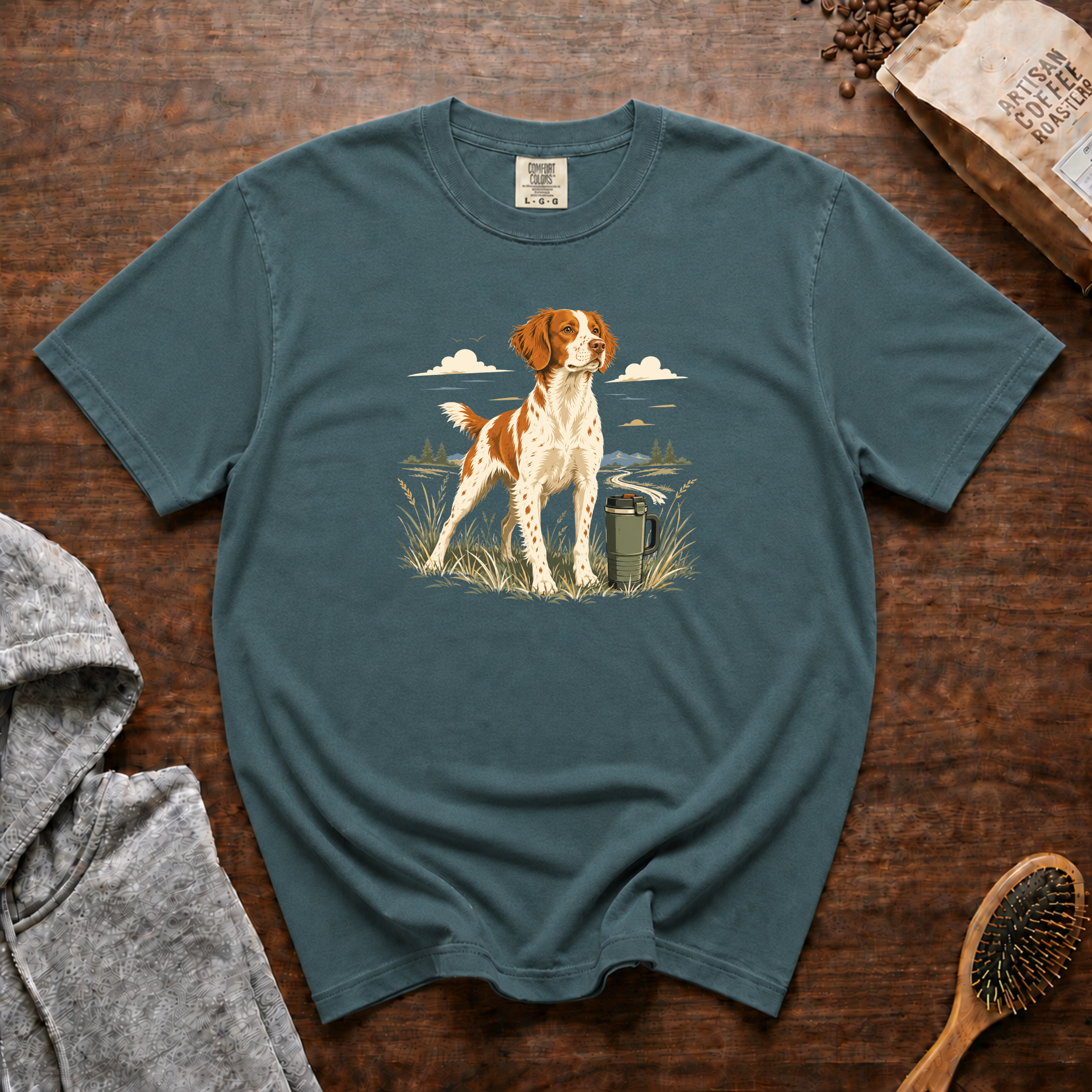 Brittany Field Mug Morning T-Shirt | Brittany Dog Coffee Tee