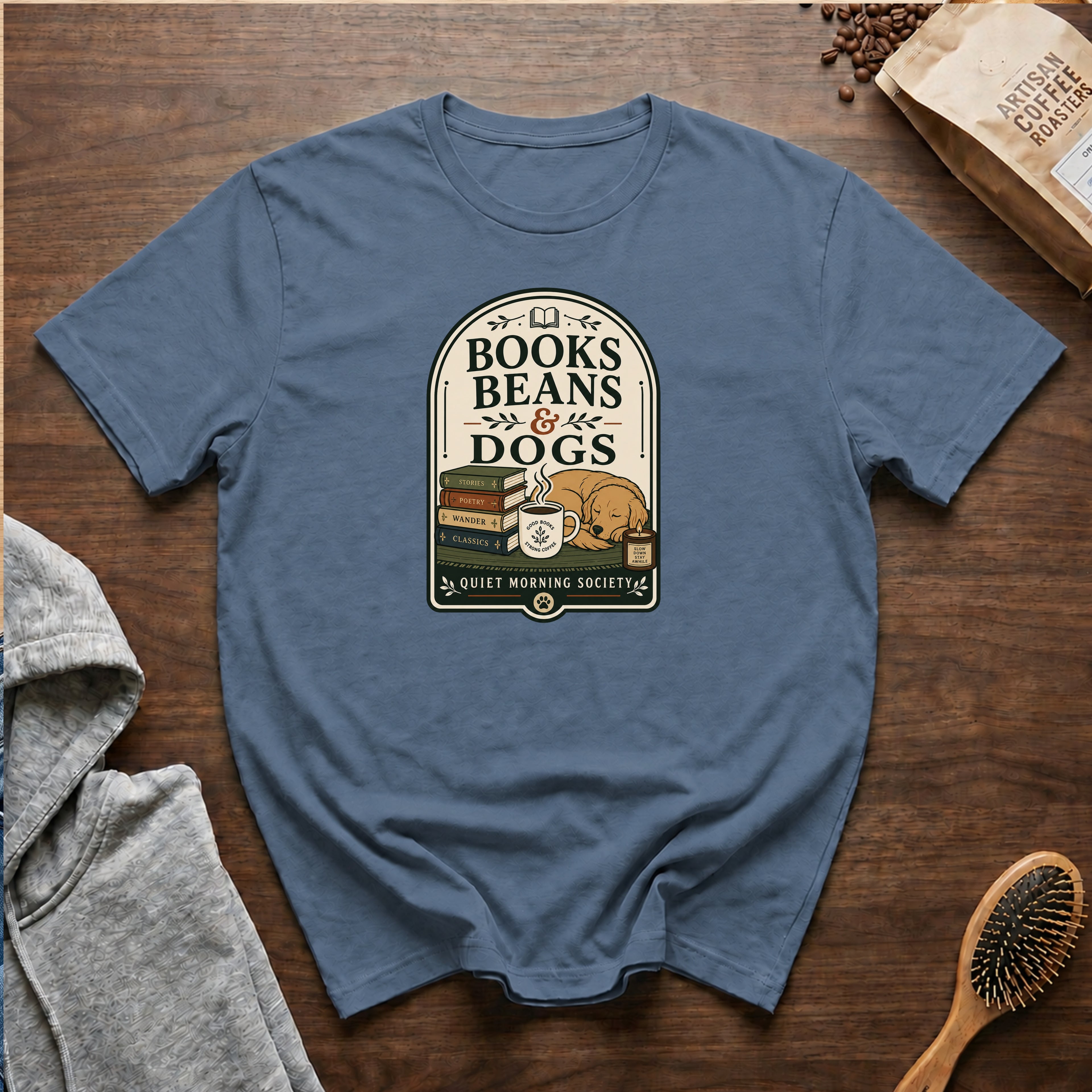 Books Beans And Dogs T-Shirt — Blue Jean