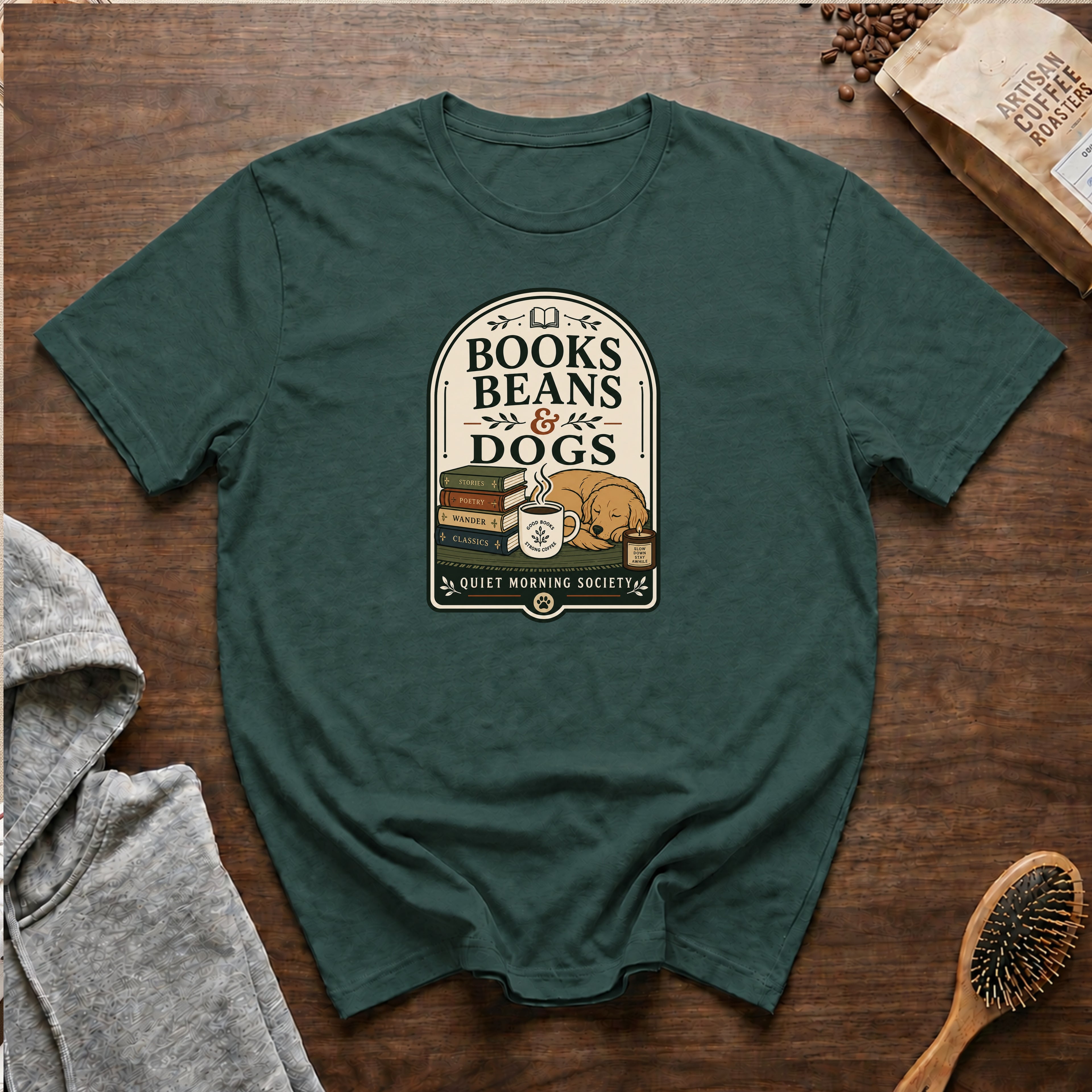 Books Beans And Dogs T-Shirt — Blue Spruce