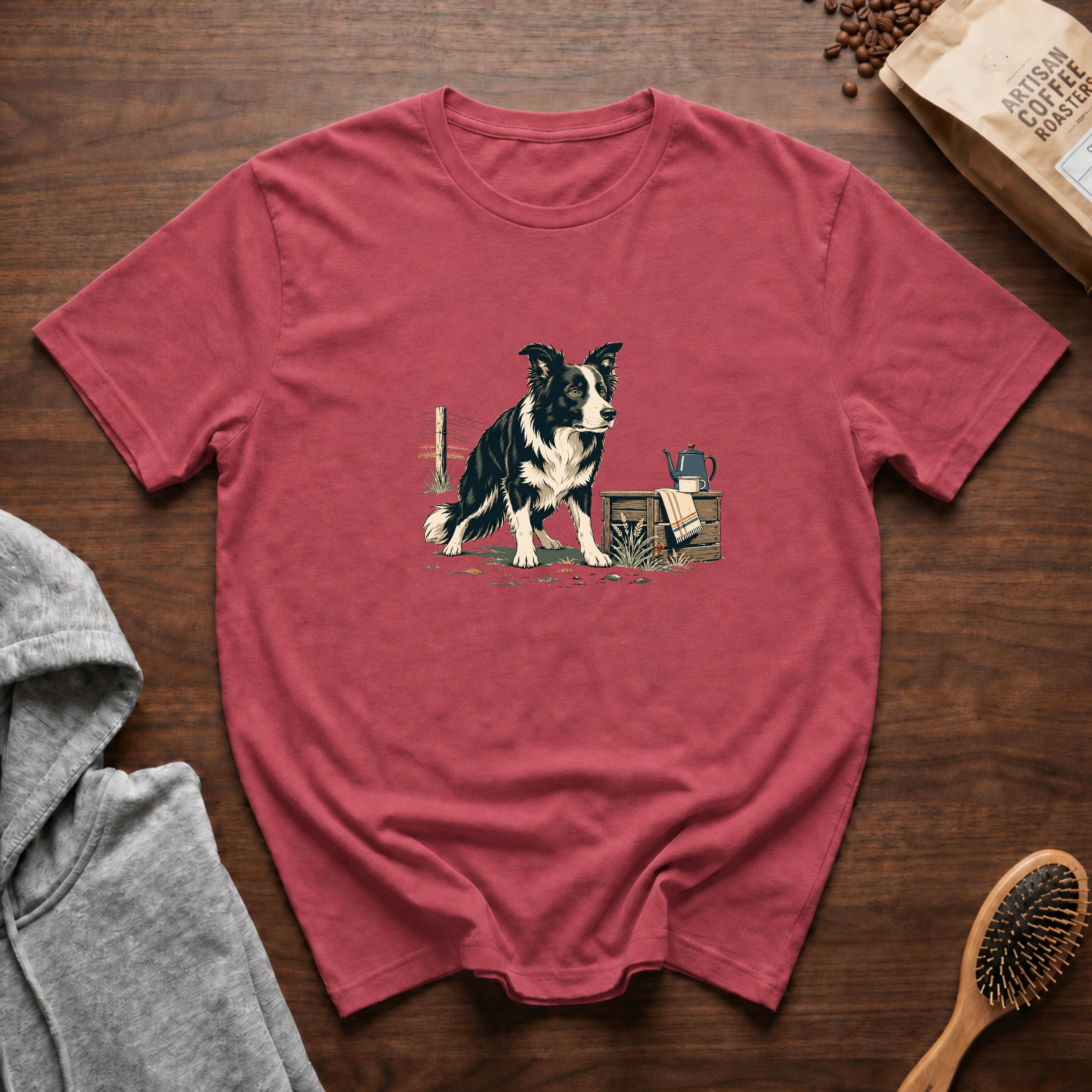 Border Collie Focus Pour Over T-Shirt — Crimson