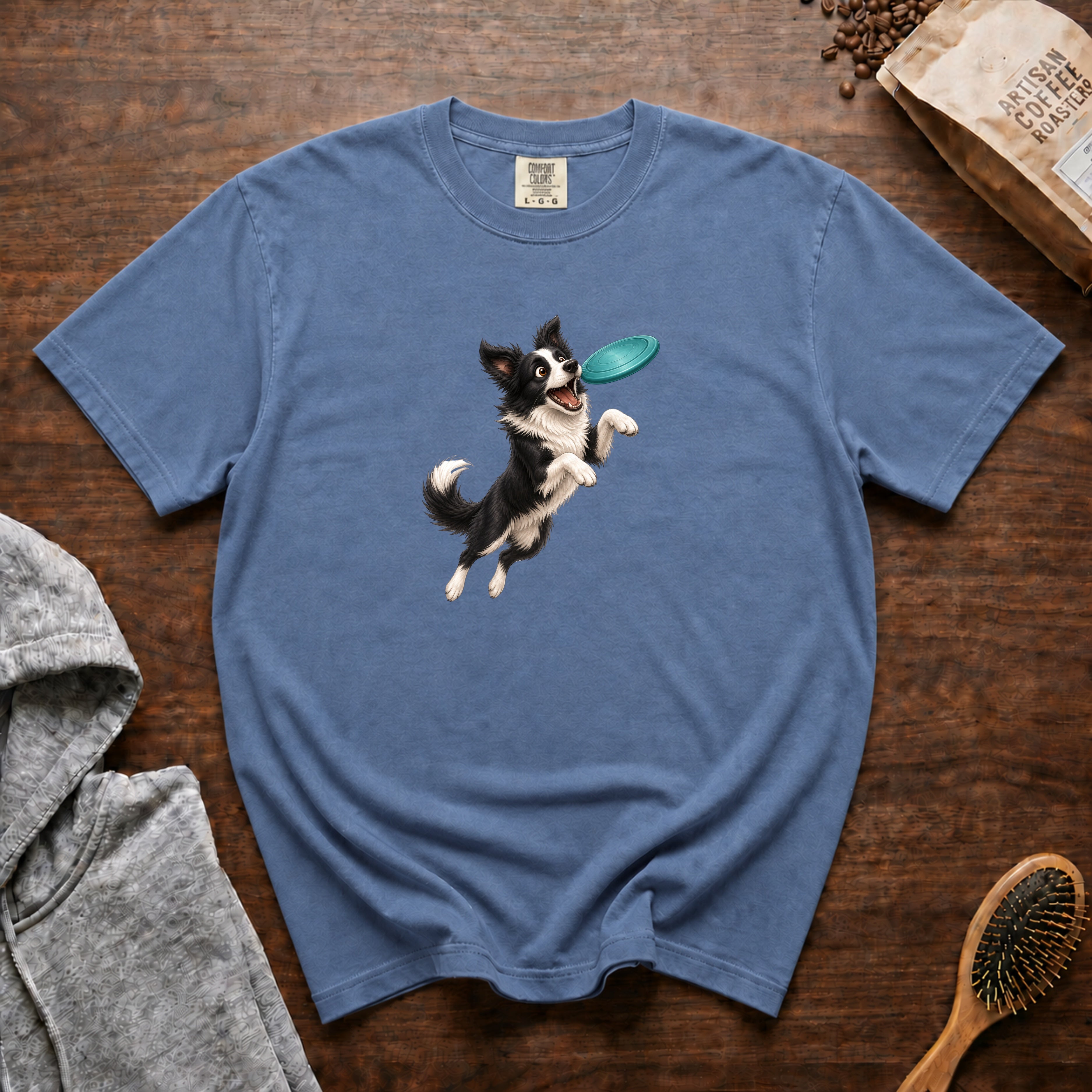 Border Collie With A Frisbee T-Shirt — Blue Jean