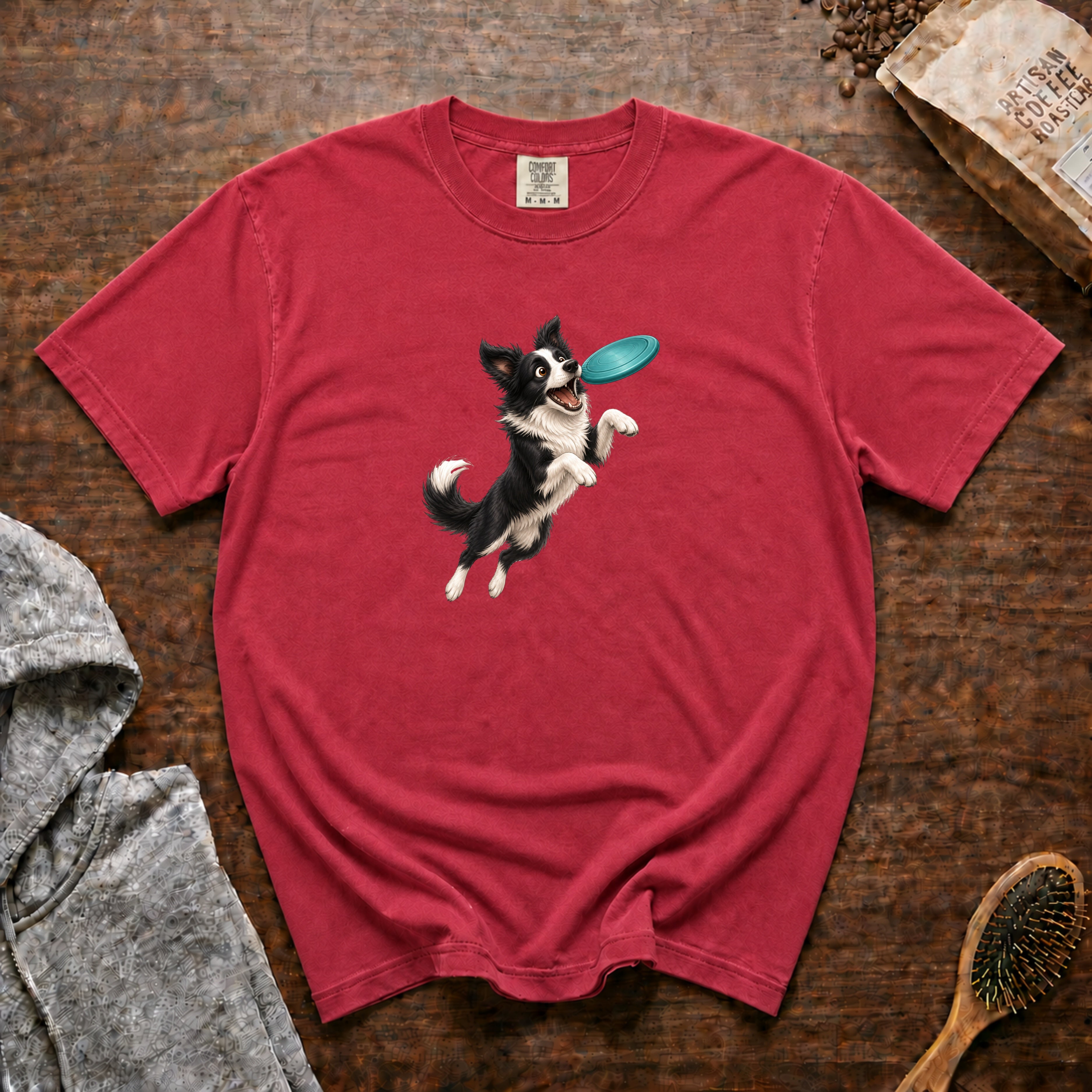 Border Collie With A Frisbee T-Shirt — Crimson
