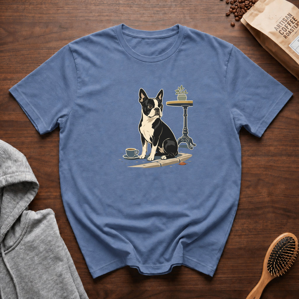 Boston Terrier Sidewalk Espresso T-Shirt — Blue Jean