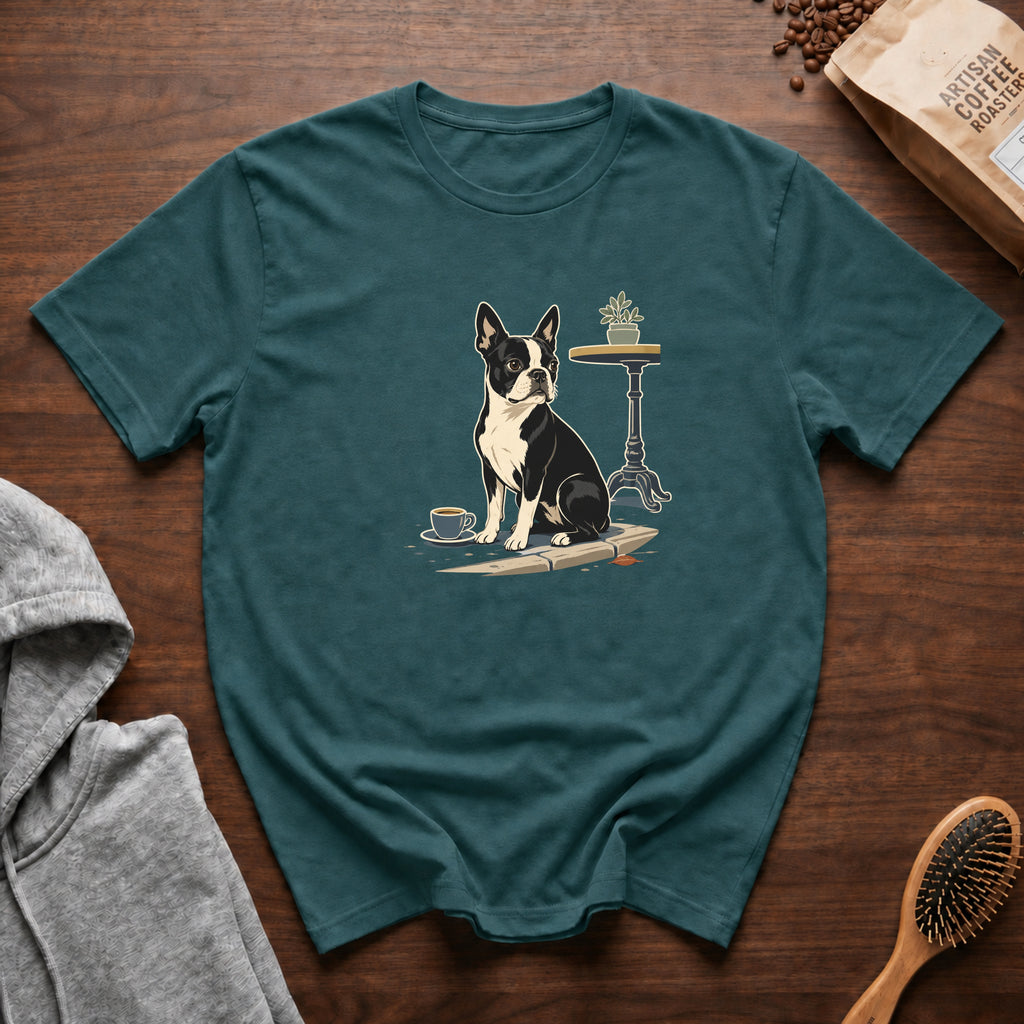 Boston Terrier Sidewalk Espresso T-Shirt — Blue Spruce