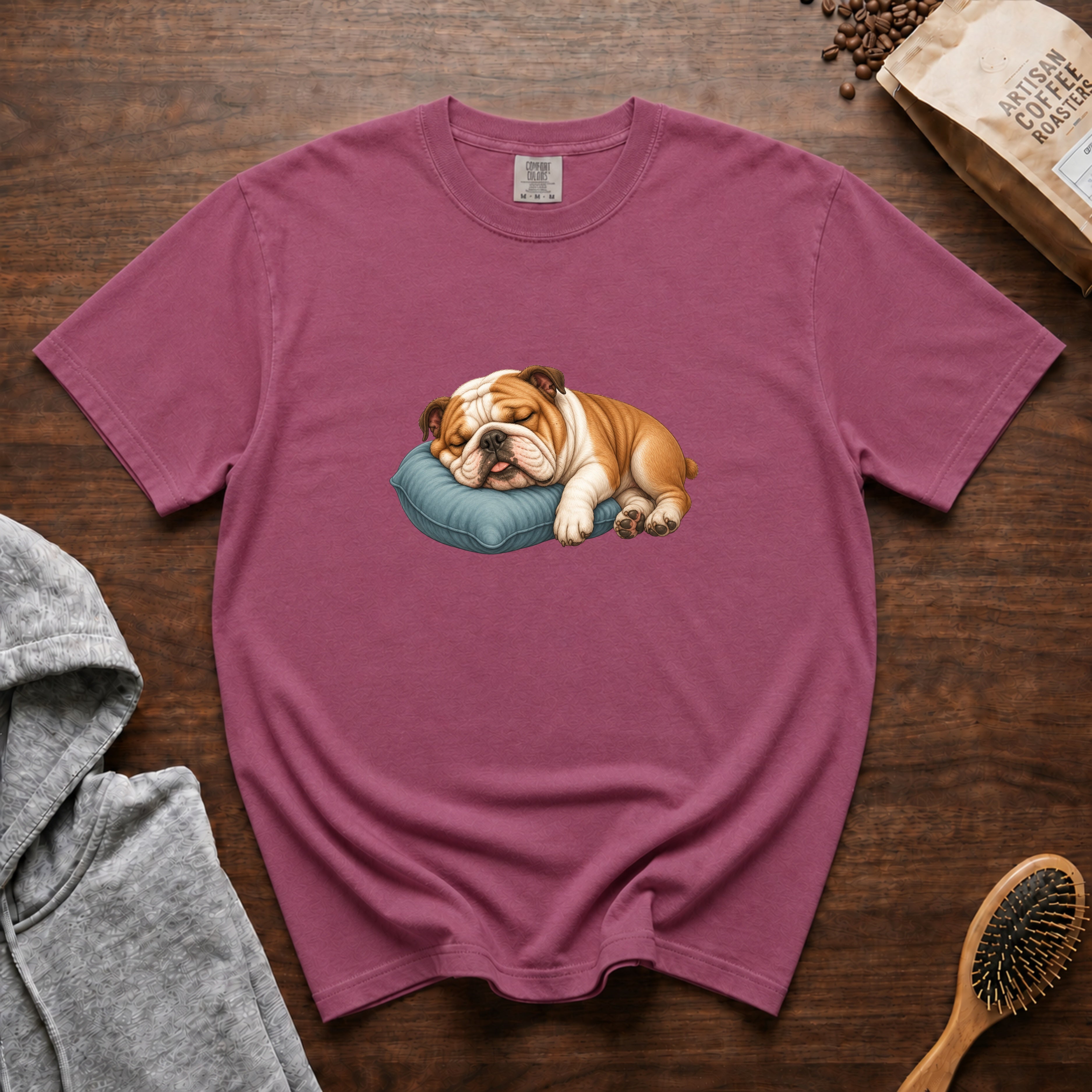 Bulldog Nap Time T-Shirt — Berry