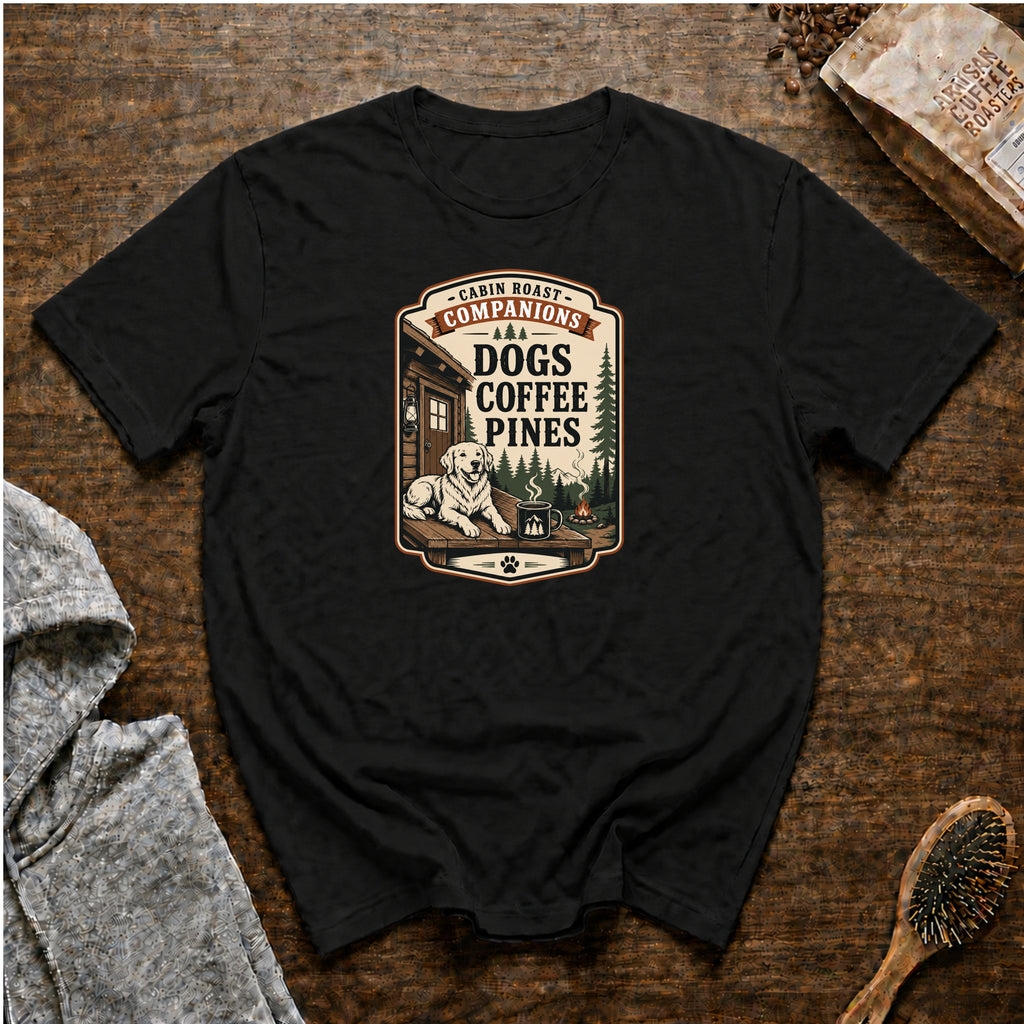 Cabin Roast Companions Dogs Coffee Pines T-Shirt — Black