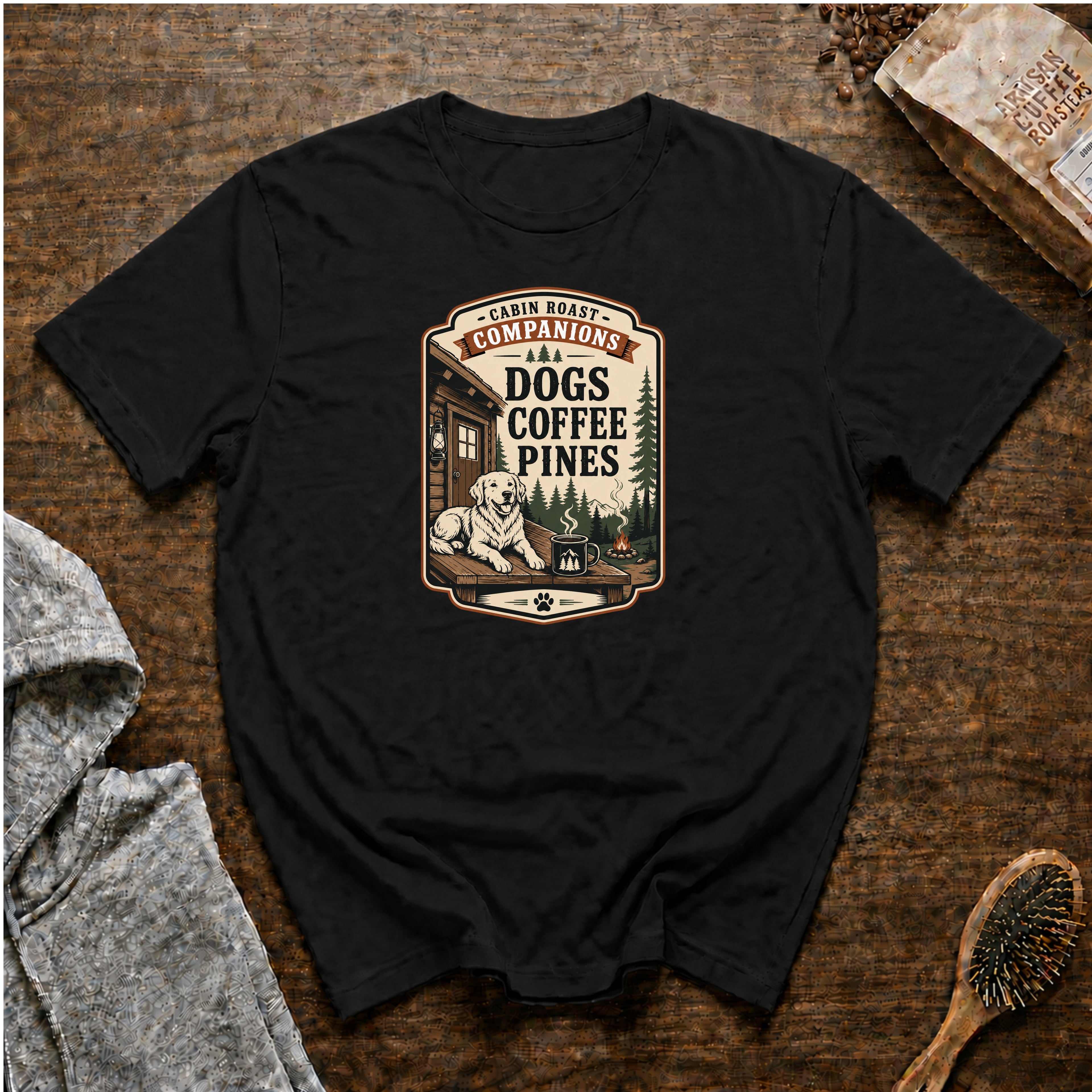 Cabin Roast Companions Dogs Coffee Pines T-Shirt — Black