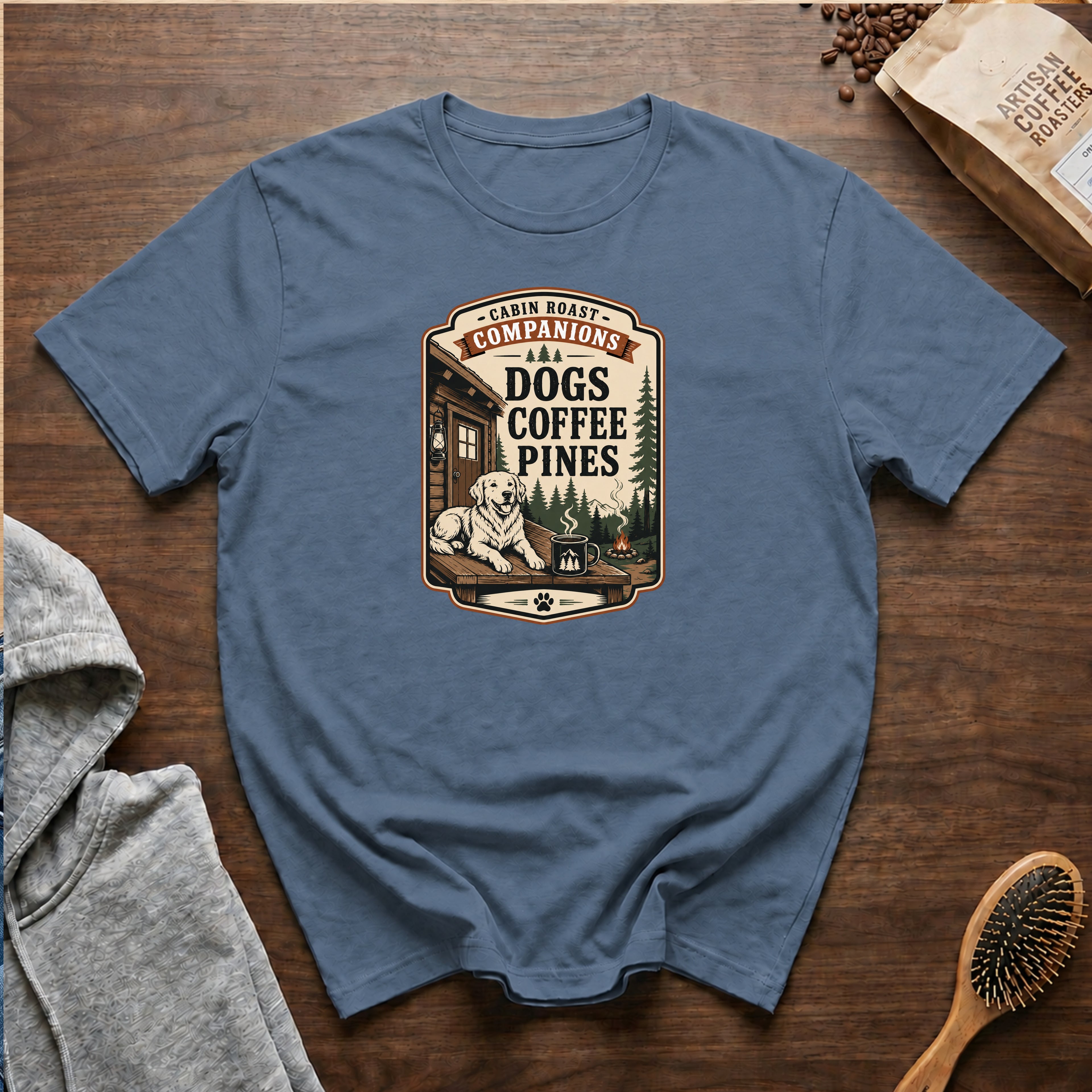 Cabin Roast Companions Dogs Coffee Pines T-Shirt — Blue Jean