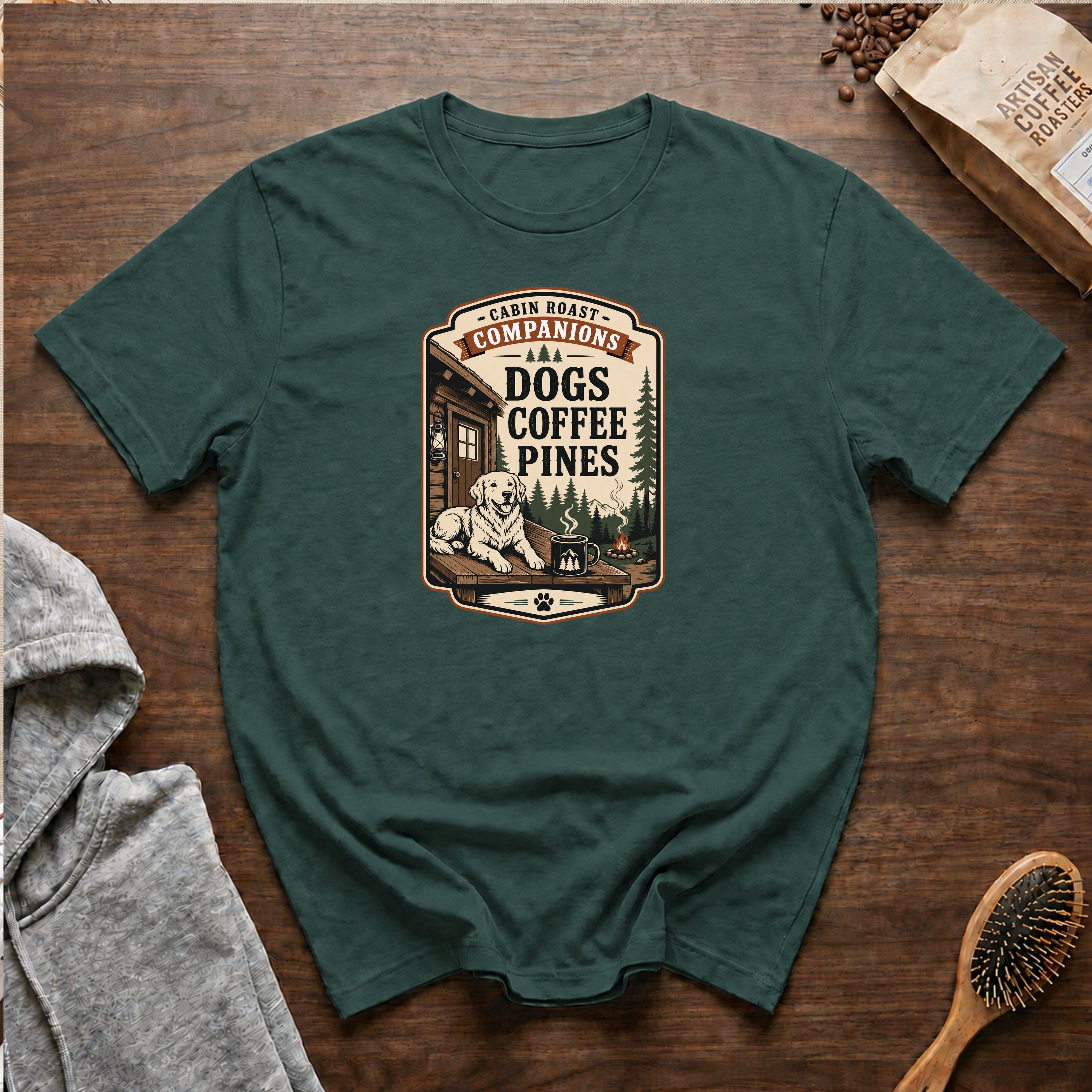Cabin Roast Companions Dogs Coffee Pines T-Shirt — Blue Spruce