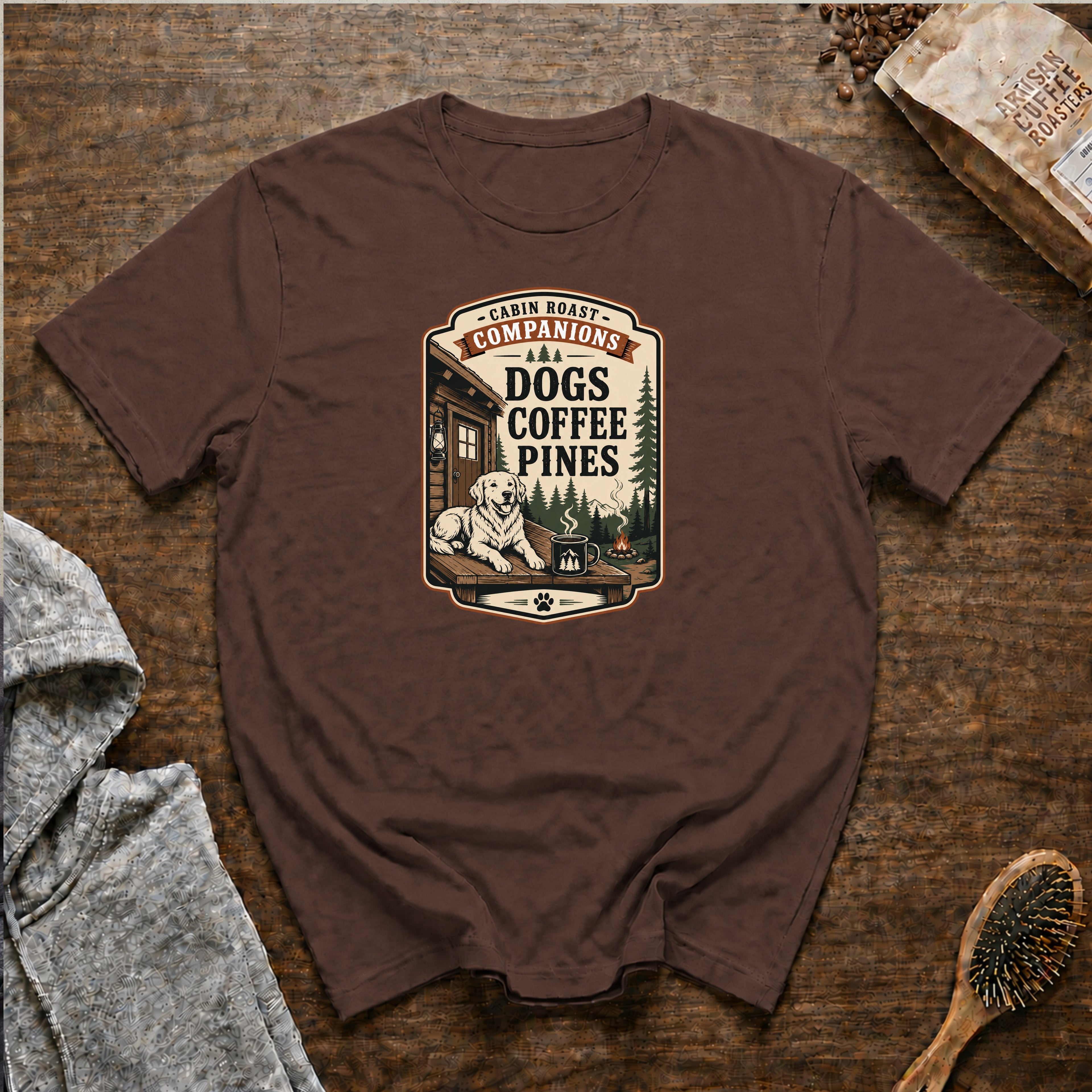 Cabin Roast Companions Dogs Coffee Pines T-Shirt — Espresso