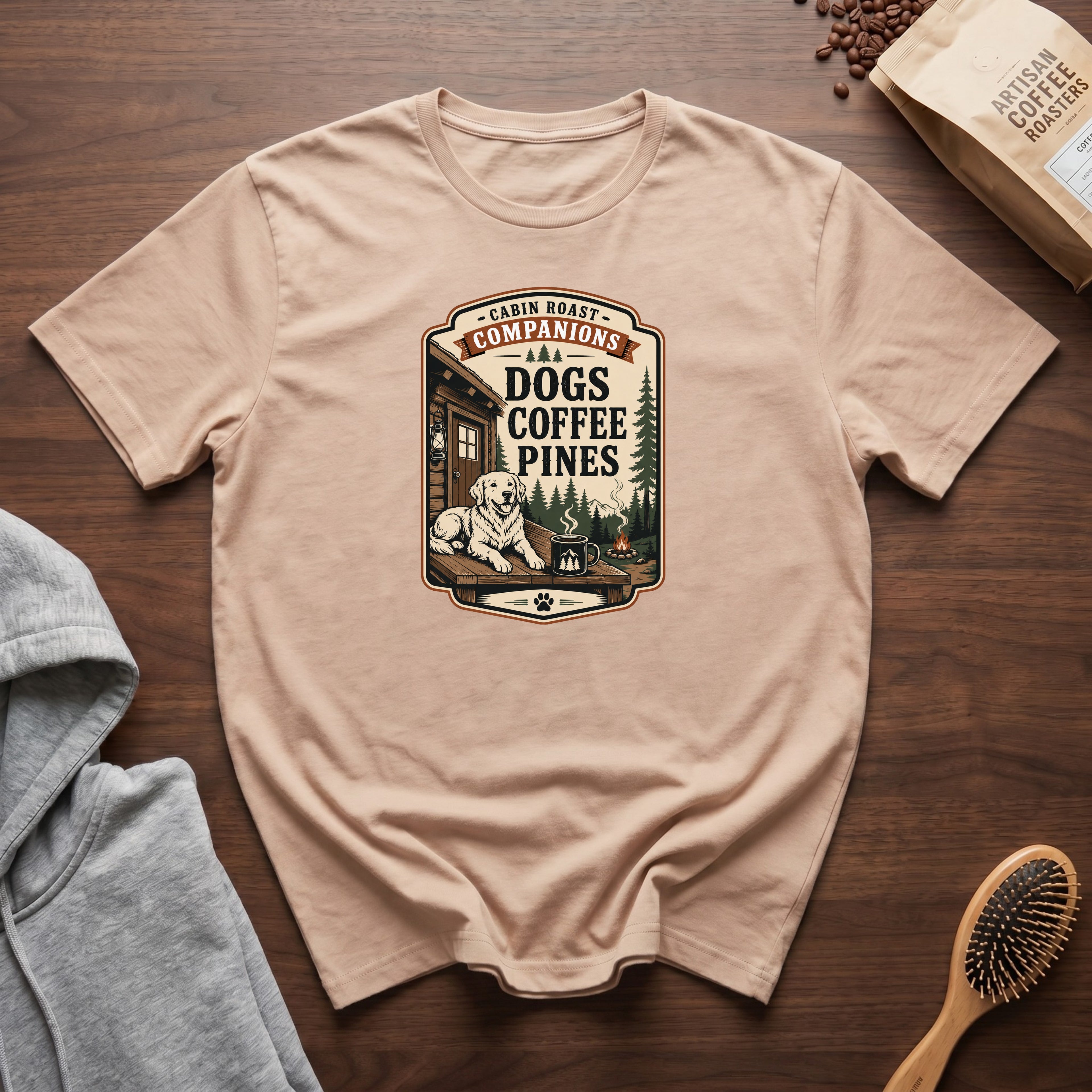 Cabin Roast Companions Dogs Coffee Pines T-Shirt — Ivory