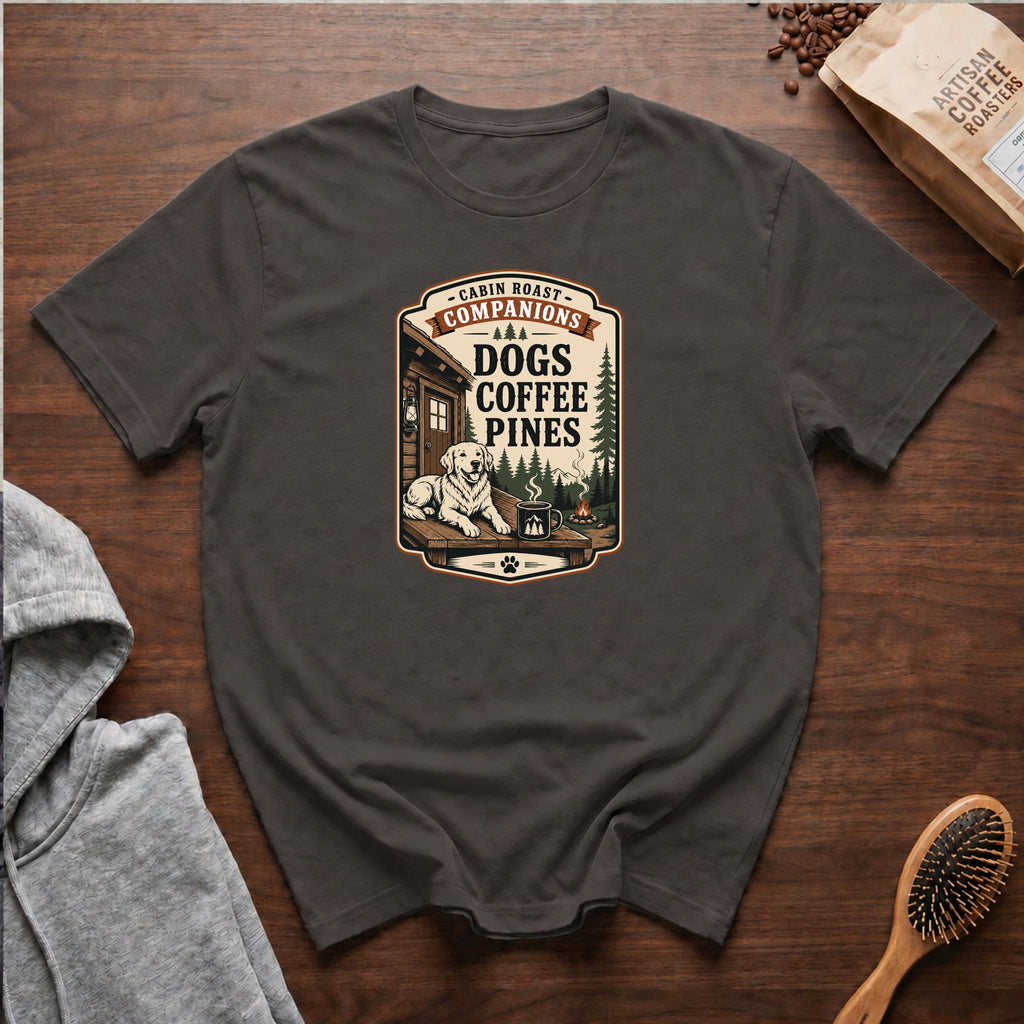 Cabin Roast Companions Dogs Coffee Pines T-Shirt — Pepper