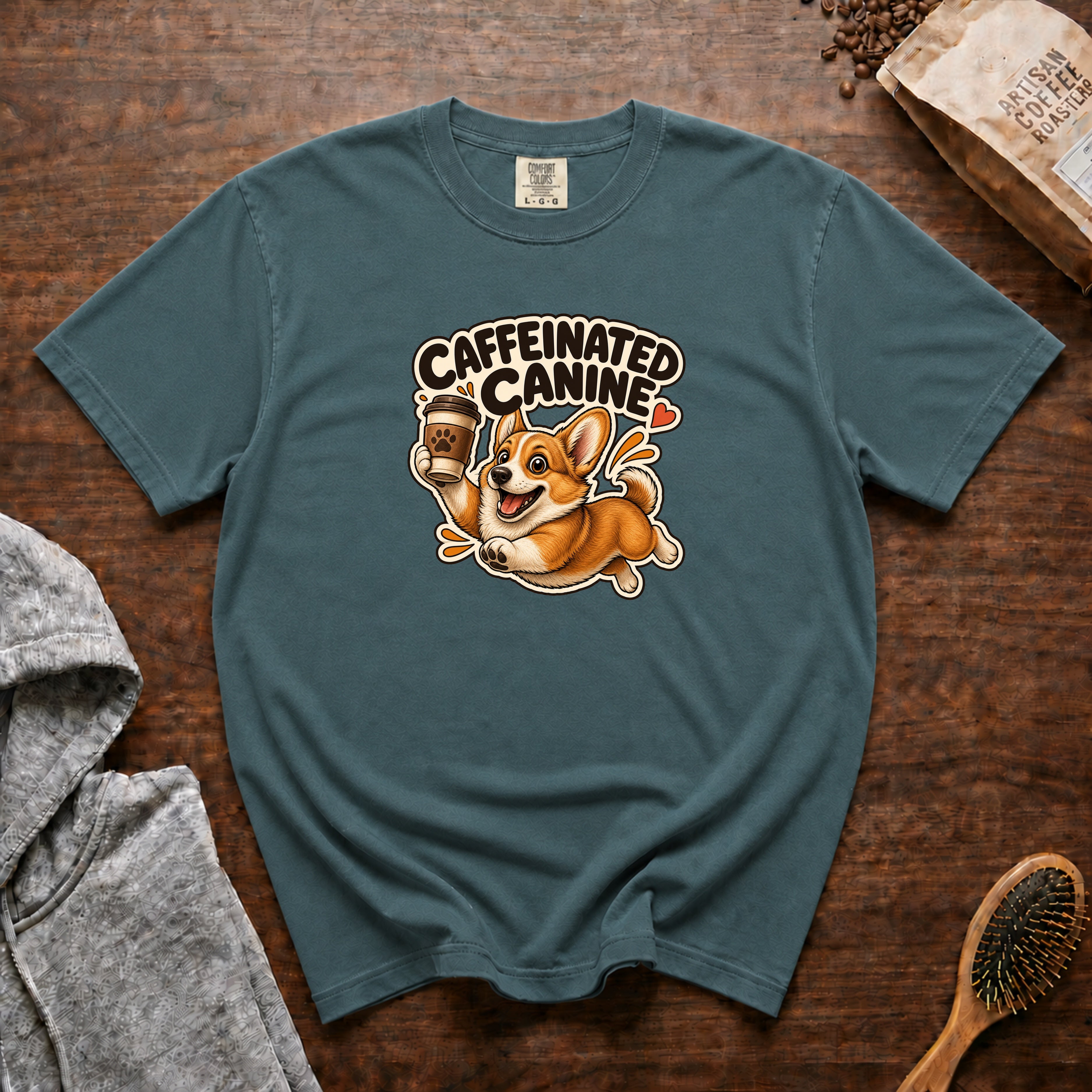 Caffeinated Canine T-Shirt — Blue Spruce